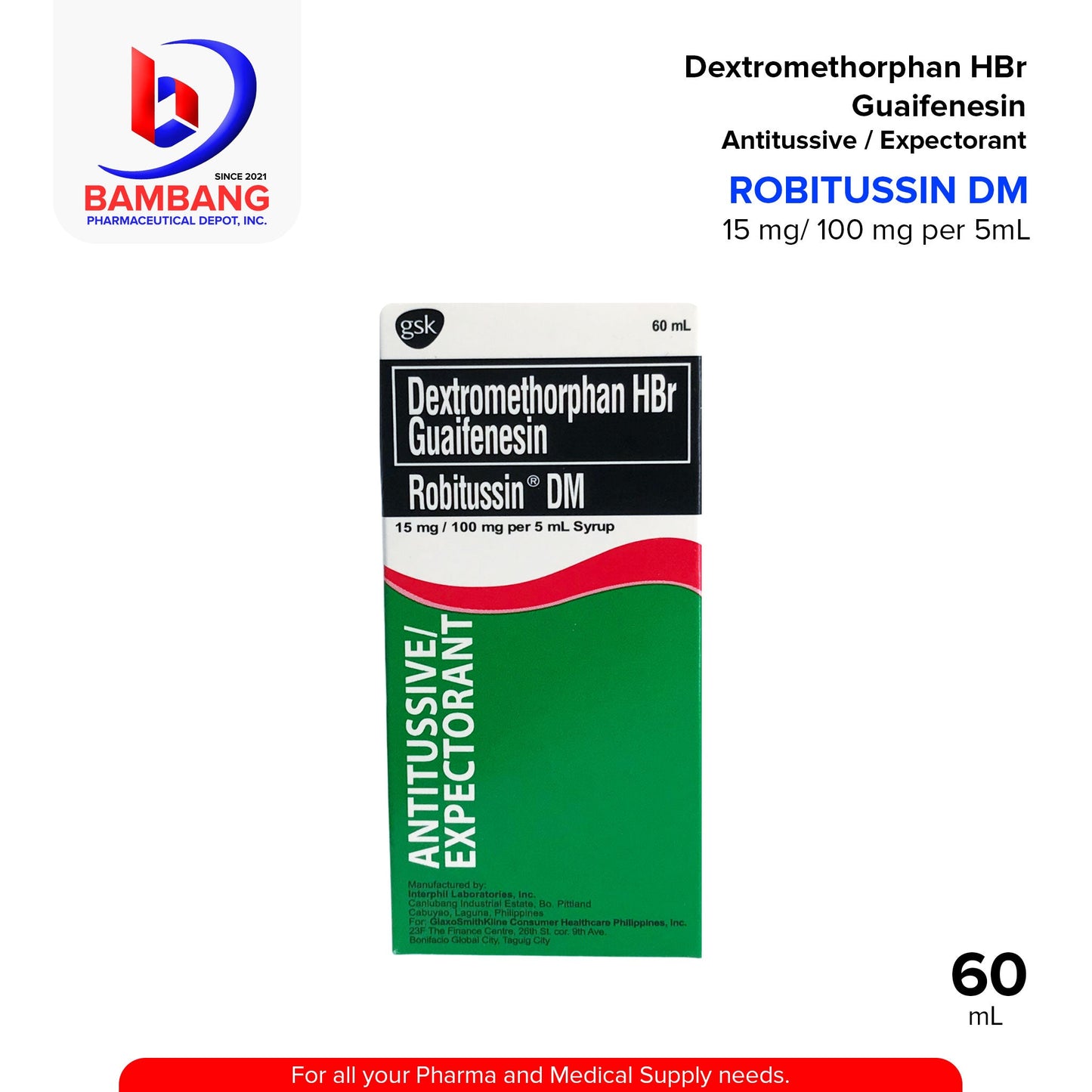 ROBITUSSIN DM Dextromethorphan Hydrobromide Guaifenesin 15mg/100mg per 5ml Syrup 60ml