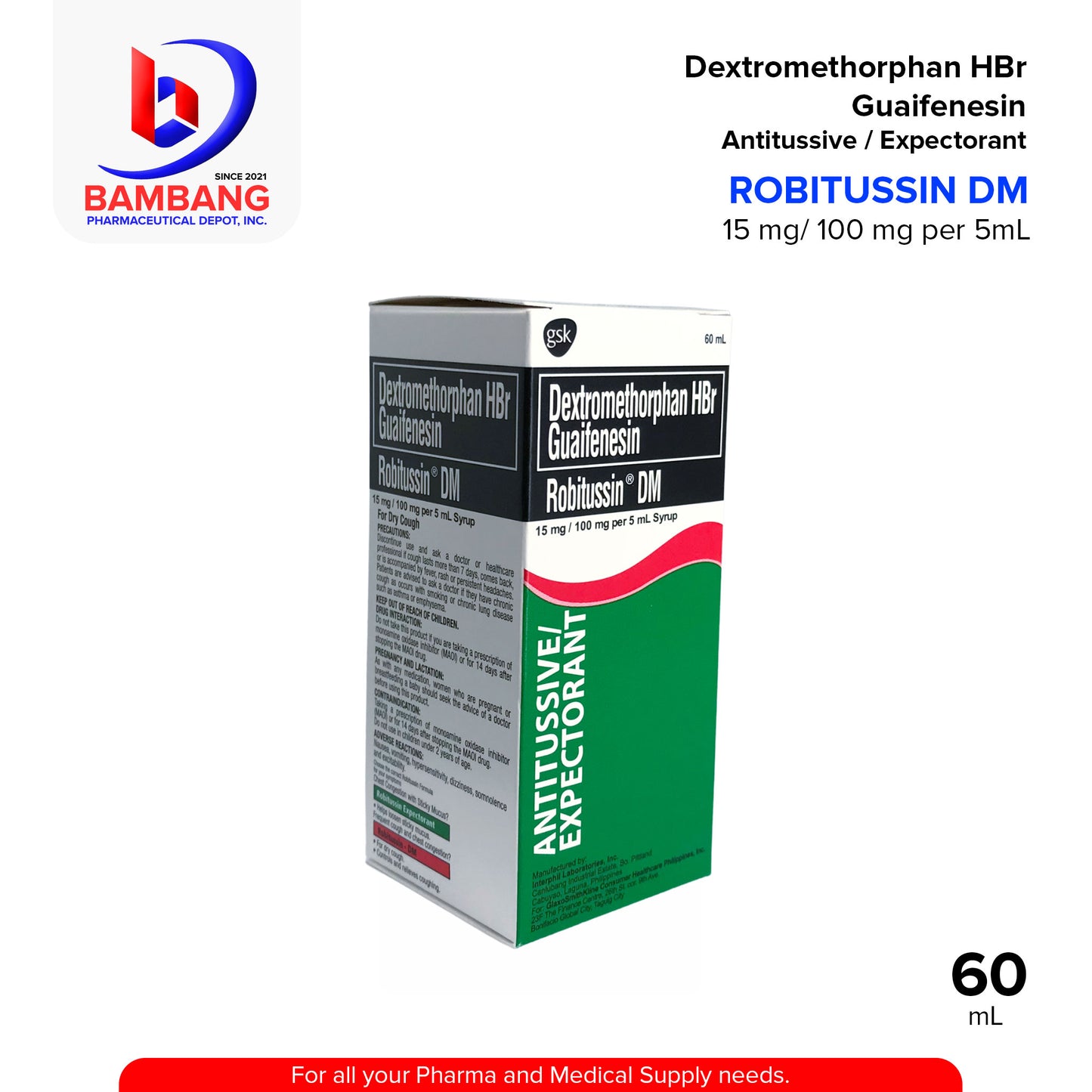 ROBITUSSIN DM Dextromethorphan Hydrobromide Guaifenesin 15mg/100mg per 5ml Syrup 60ml