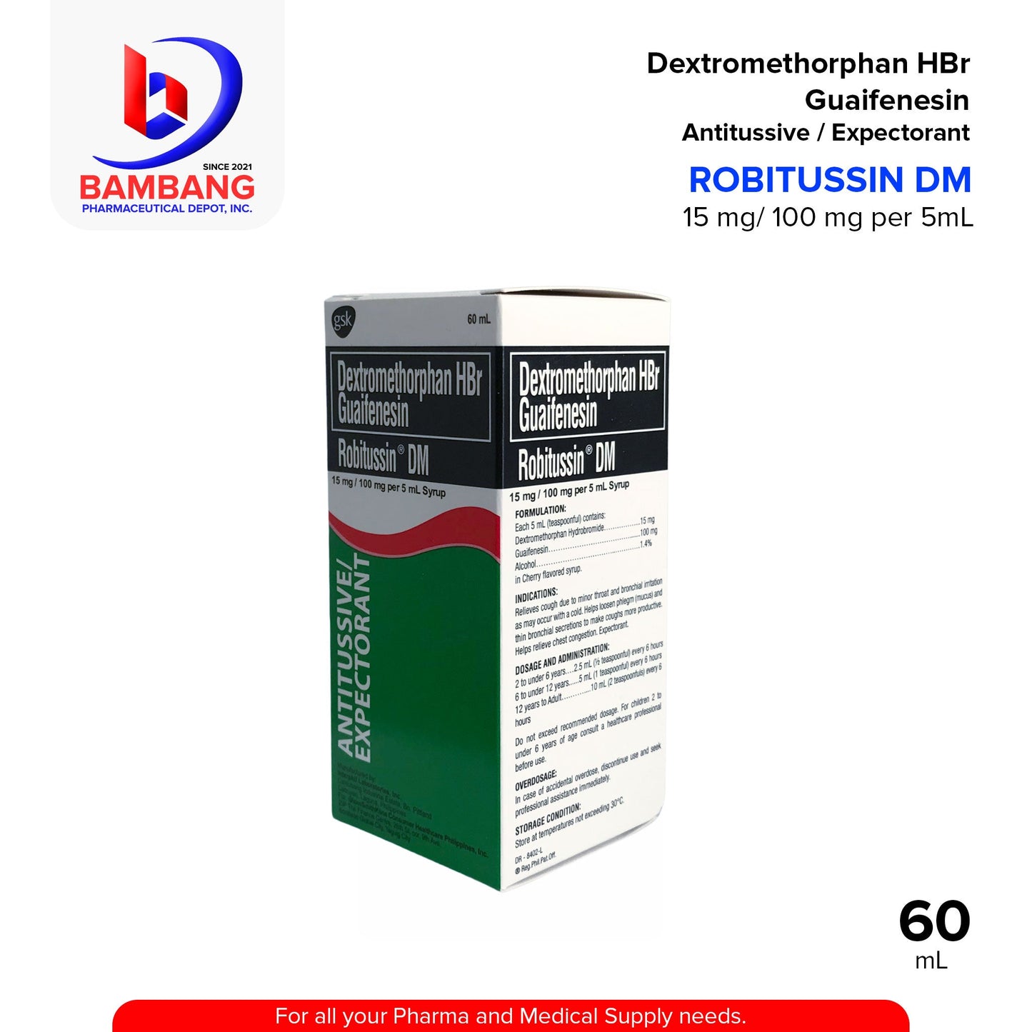 ROBITUSSIN DM Dextromethorphan Hydrobromide Guaifenesin 15mg/100mg per 5ml Syrup 60ml