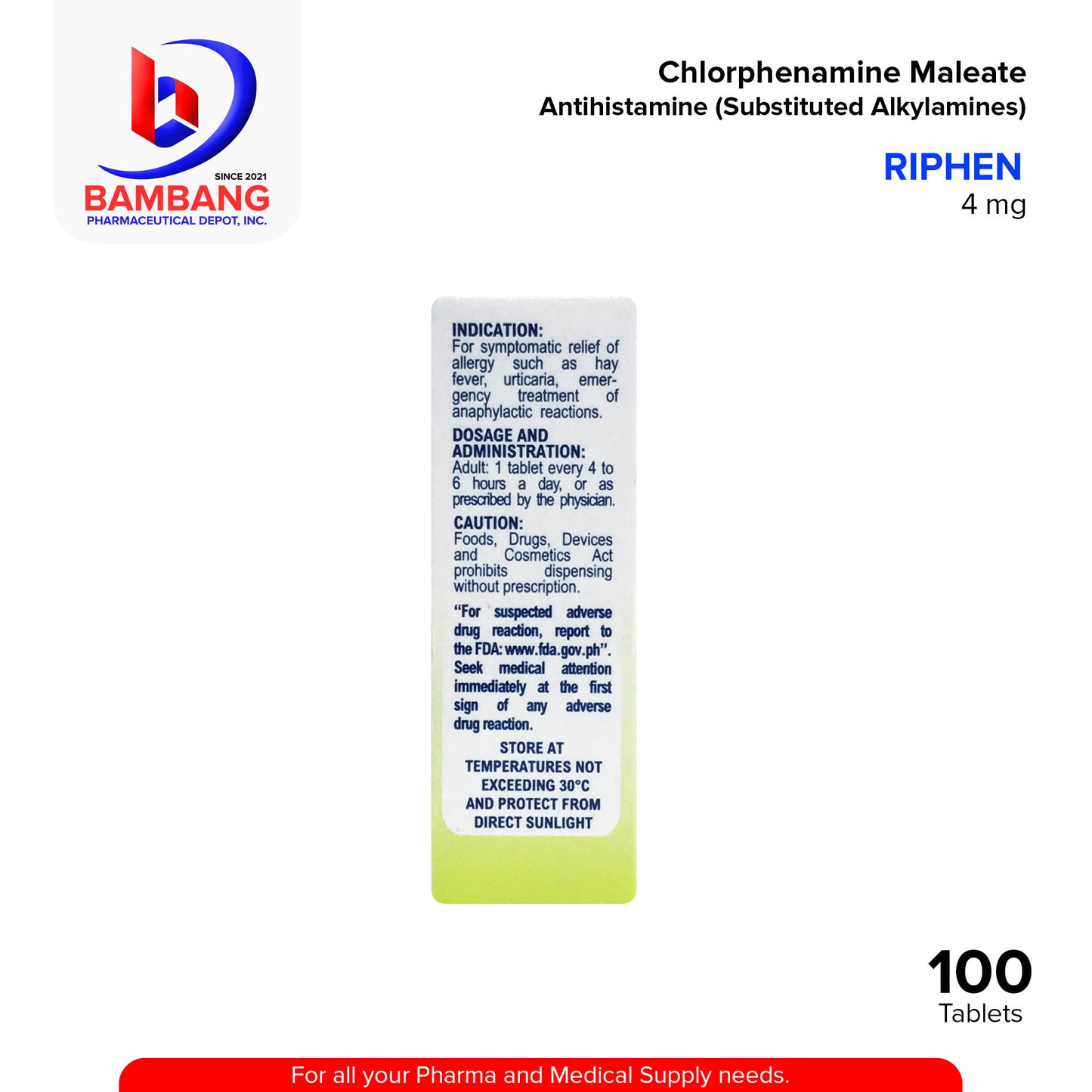 RIPHEN Chlorphenamine Maleate 4 mg Antihistamine Substituted Alkylamines 100's