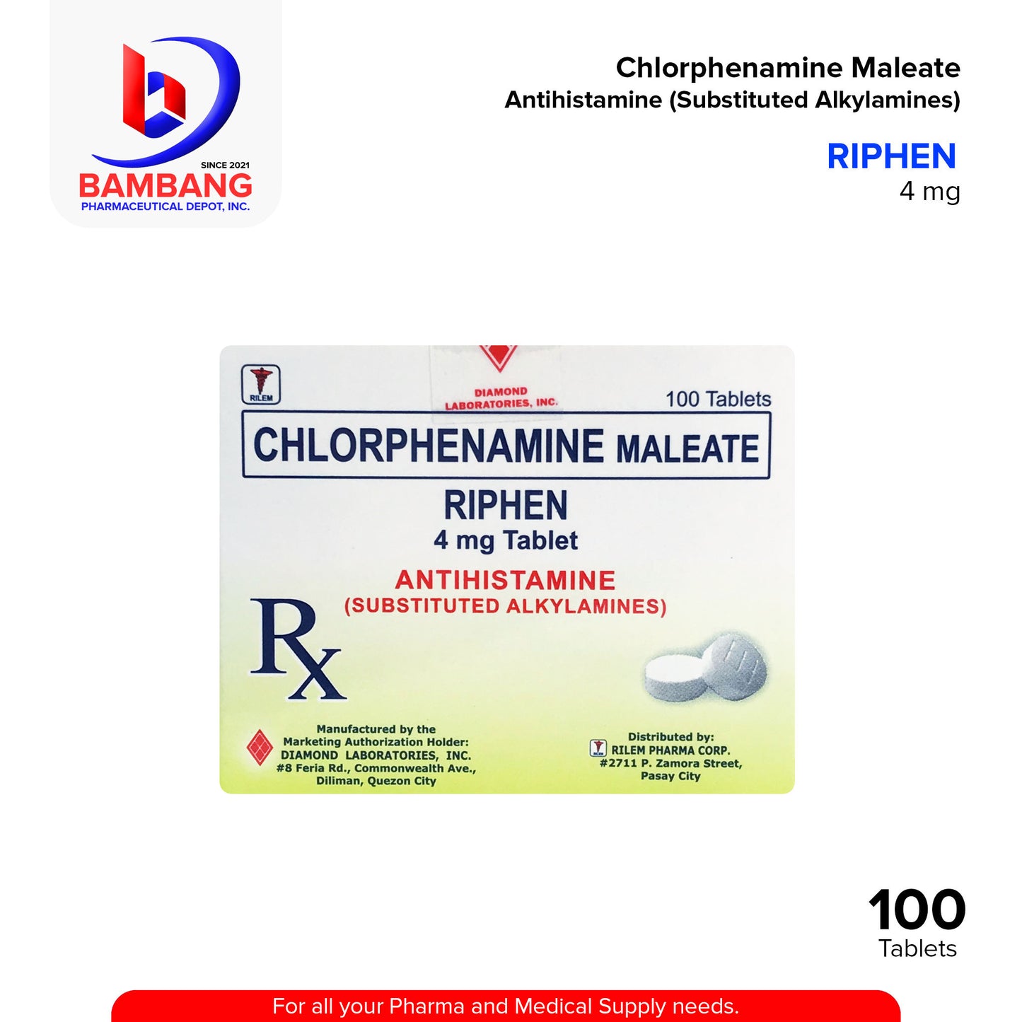 RIPHEN Chlorphenamine Maleate 4 mg Antihistamine Substituted Alkylamines 100's
