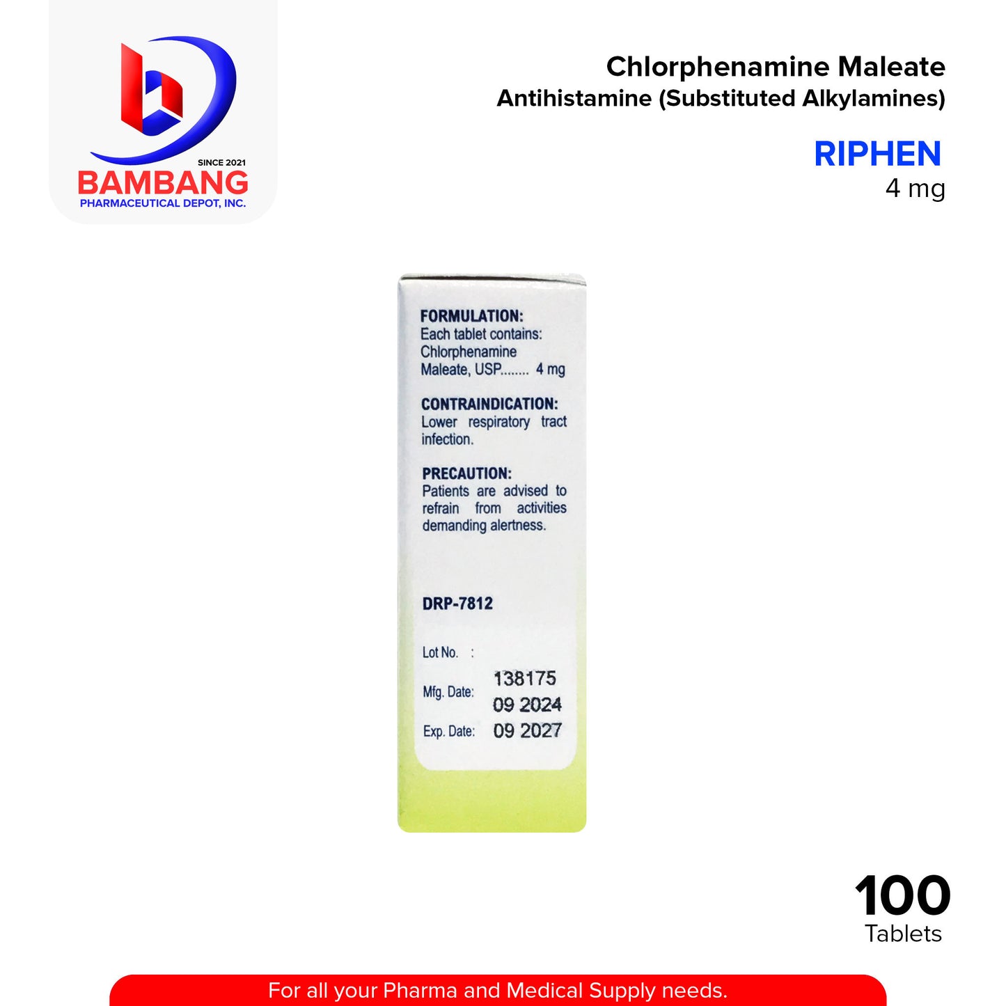 RIPHEN Chlorphenamine Maleate 4 mg Antihistamine Substituted Alkylamines 100's