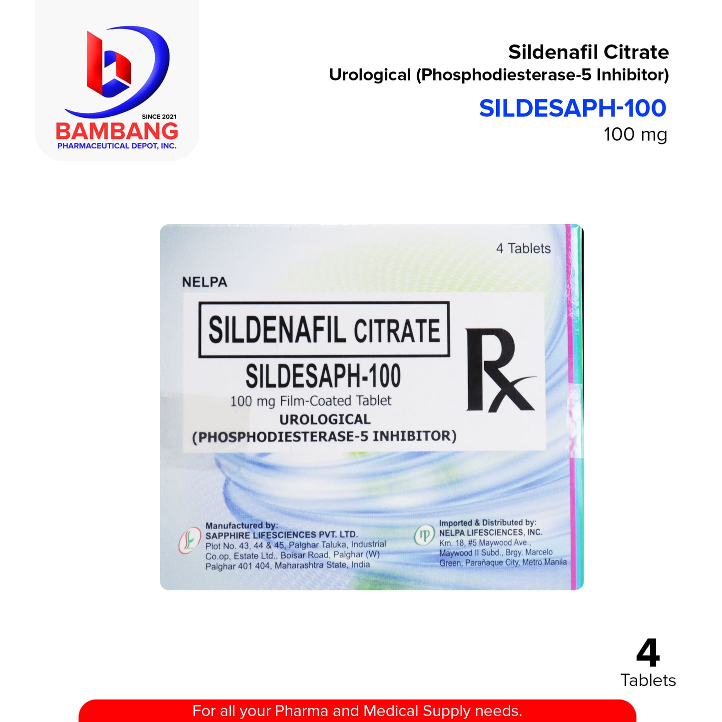 SILDESAPH Sildenafil Citrate 100mg Film Coated Tablet 4's