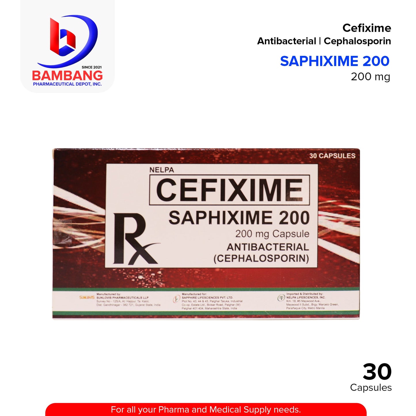 Saphixime Cefixime Antibacterial Cephalosporin 200mg Capsule 30's