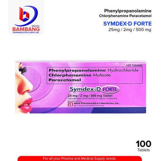 SYMDEX-D FORTE Phenylpropanolamine Hydrochloride Chlorphenamine Maleate Paracetamol 25mg / 2mg / 500mg Decongestant Antihistamine Analgesic Antipyretic Tablet 100's