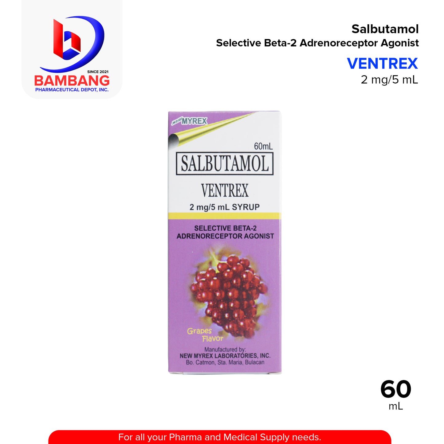 VENTREX Salbutamol Selective Beta 2 Adrenoreceptor Agonist 2 mg / 5 mL Syrup Grapes Flavor 60mL