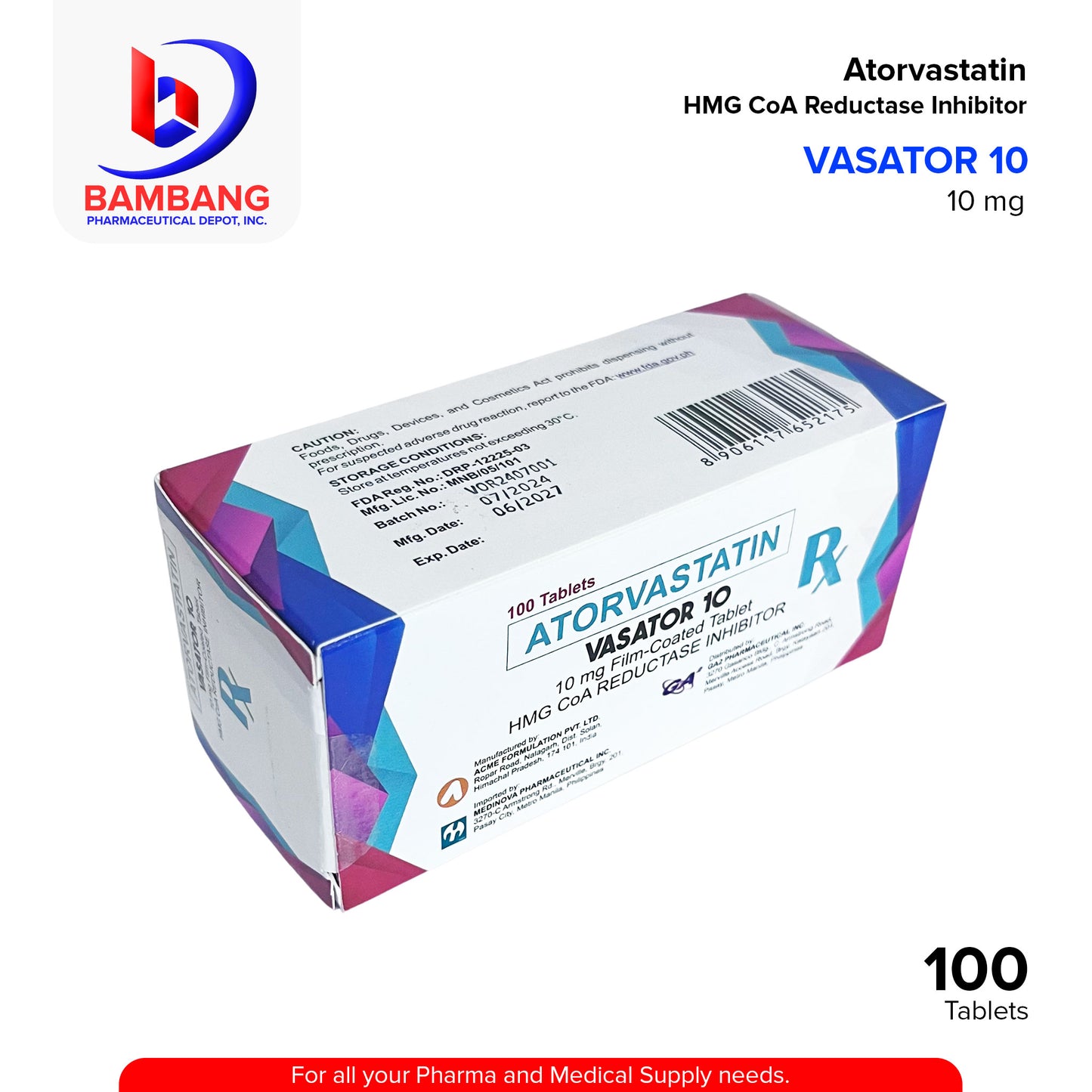 VASATOR Atorvastatin 10mg Film Coated Tablet 100's