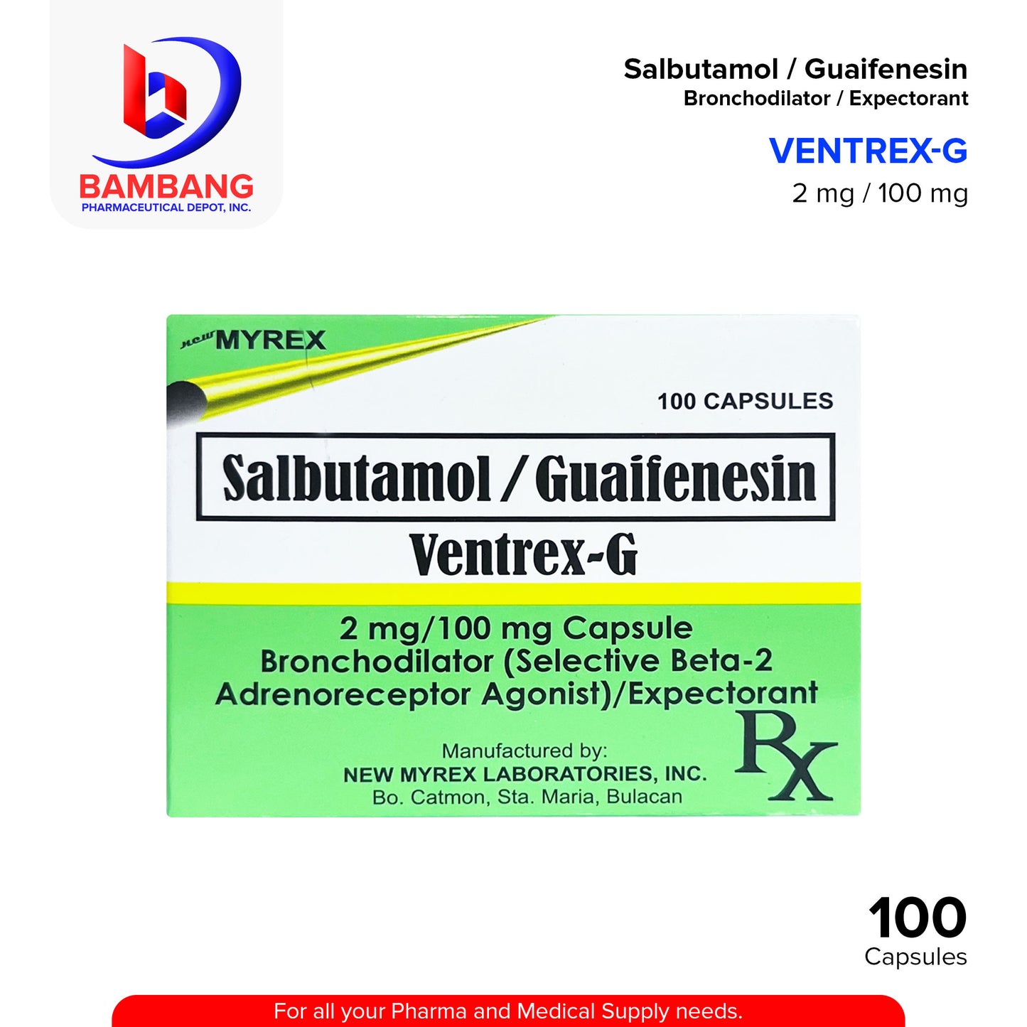 VENTREX-G Salbutamol Guaifenesin Bronchodilator / Expectorant 2 mg / 100 mg Capsule 100's