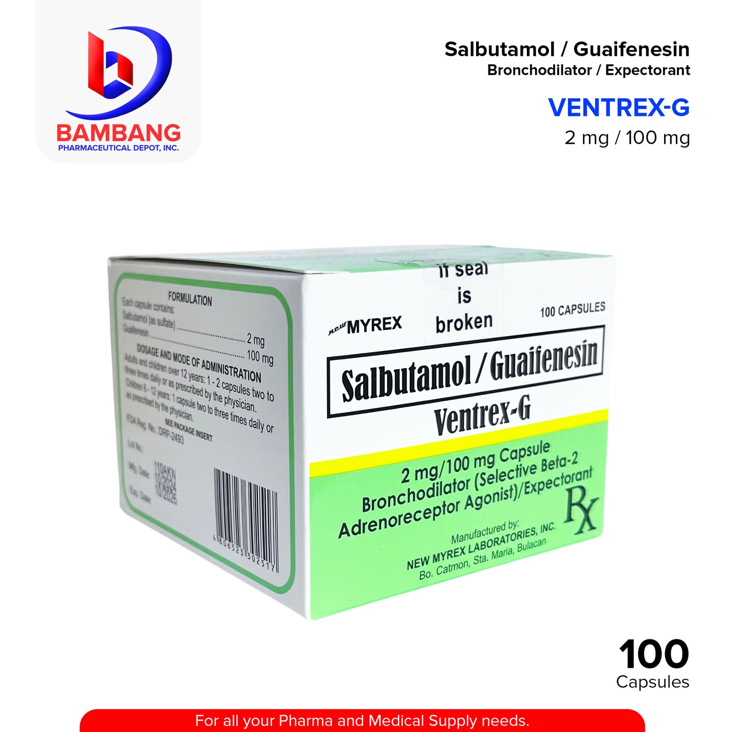 VENTREX-G Salbutamol Guaifenesin Bronchodilator / Expectorant 2 mg / 100 mg Capsule 100's