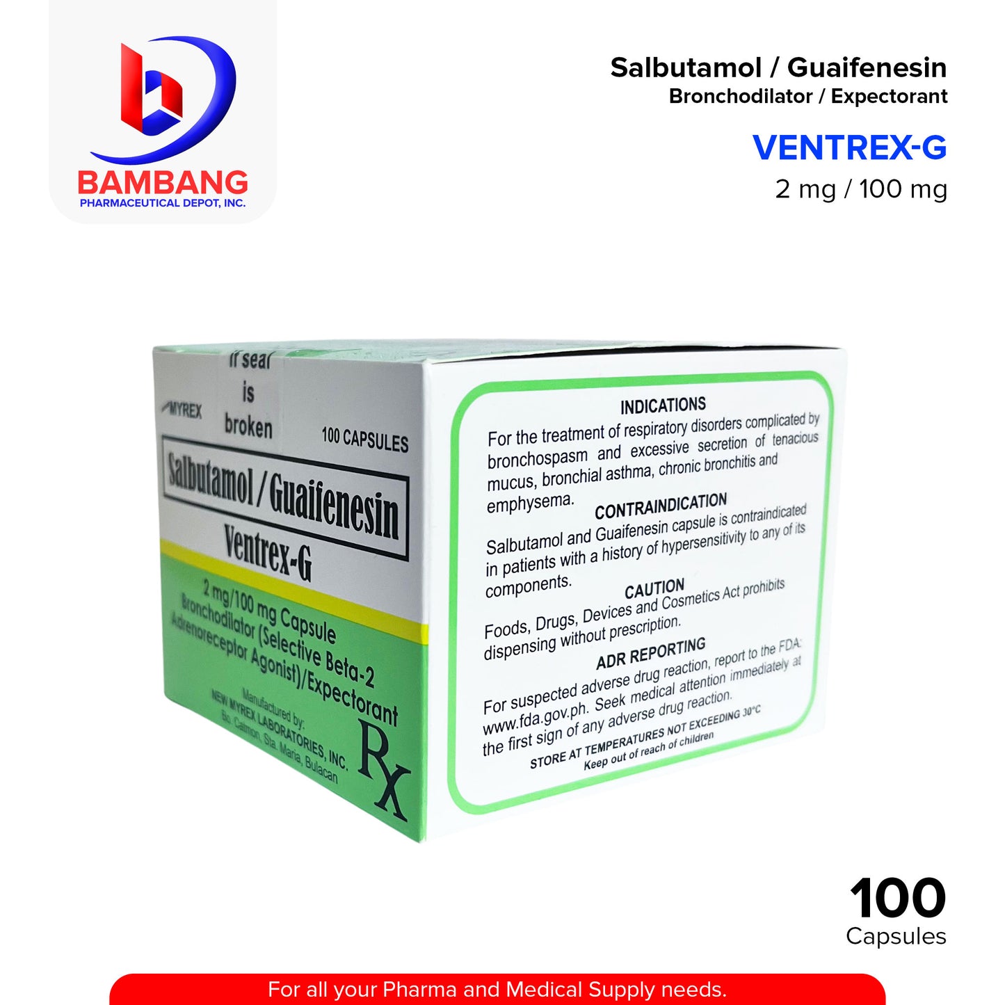 VENTREX-G Salbutamol Guaifenesin Bronchodilator / Expectorant 2 mg / 100 mg Capsule 100's