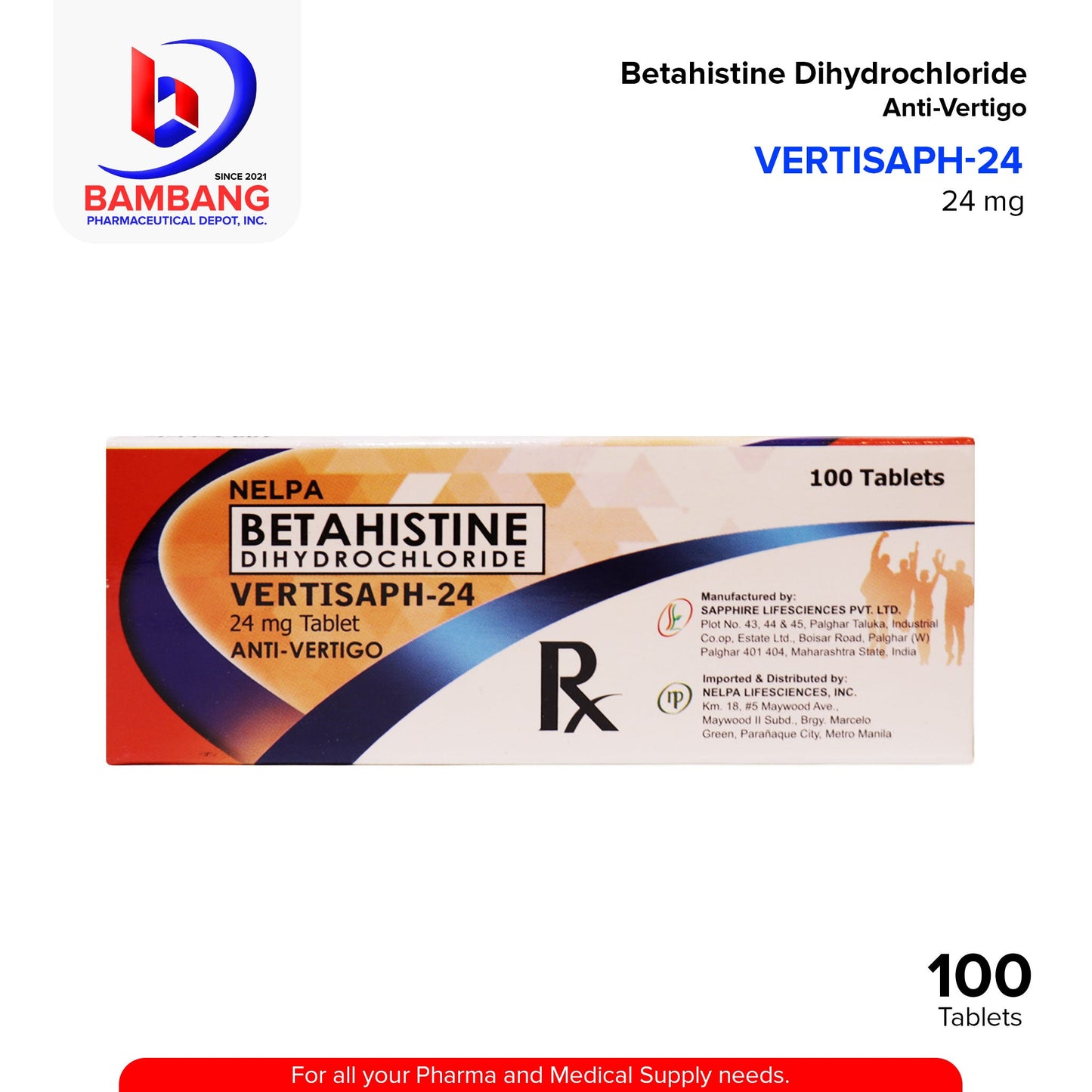 VERTISAPH-24 Betahistine Dihydrochloride 24mg Tablet 100's