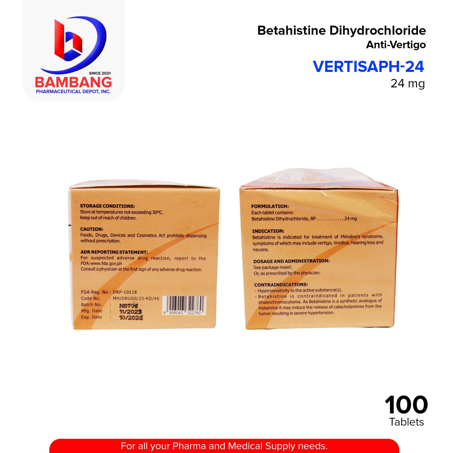 VERTISAPH-24 Betahistine Dihydrochloride 24mg Tablet 100's