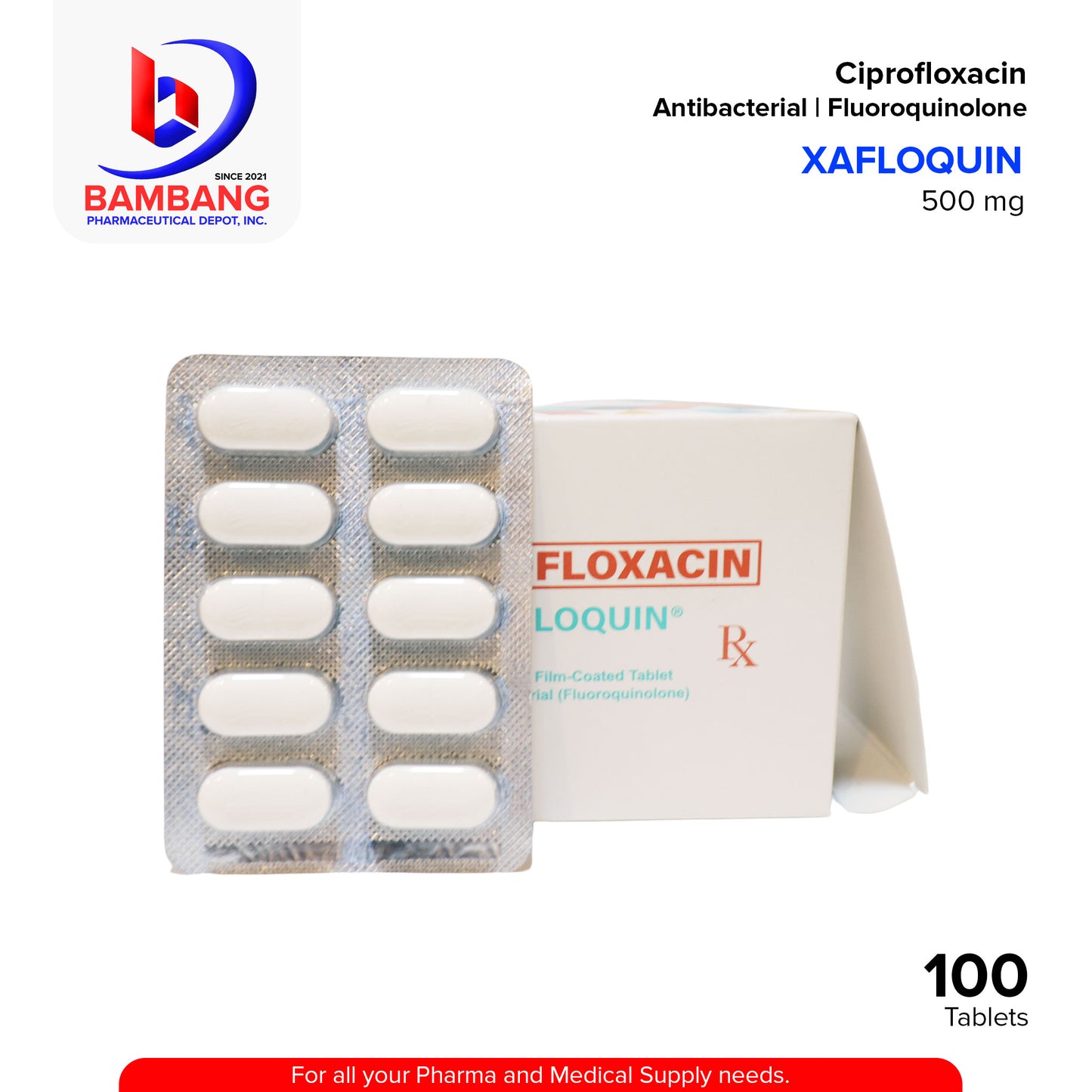XAFLOQUIN Ciprofloxacin Antibacterial Fluoroquinolone 500mg Film Coated Tablet 100's