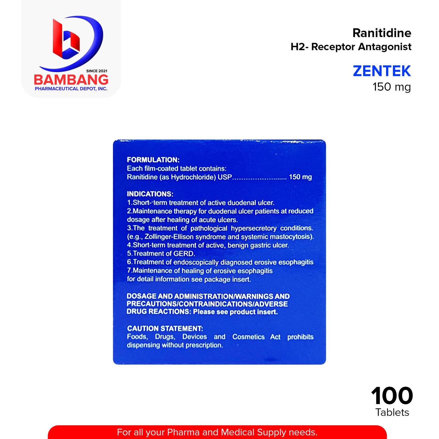 ZENTEK Ranitidine H2 Receptor Antagonist 150 mg Film Coated Tablet 100's