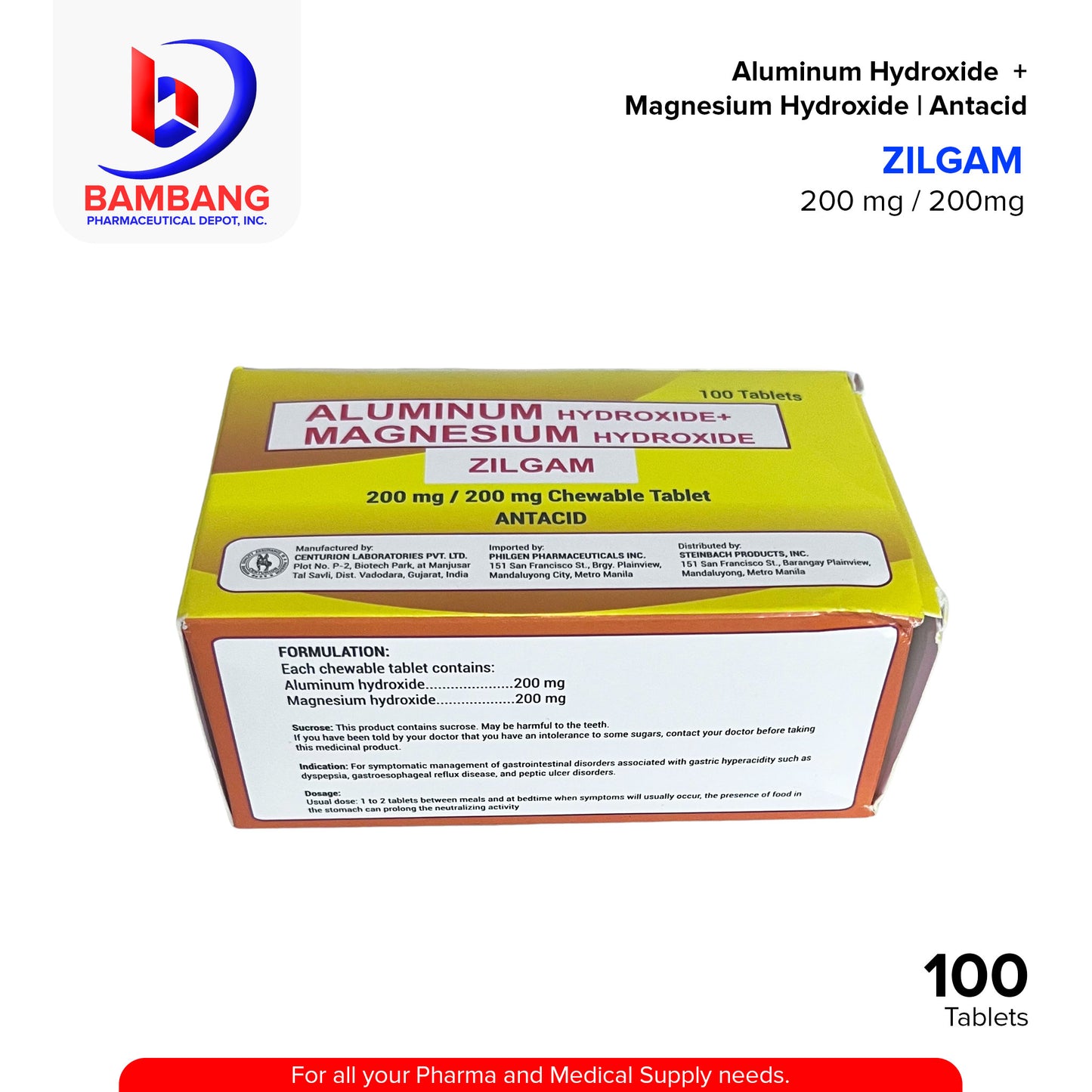 ZILGAM Aluminum Hydroxide + Magnesium Hydroxide Antacid 200 mg / 200 mg Chewable Tablet 100's