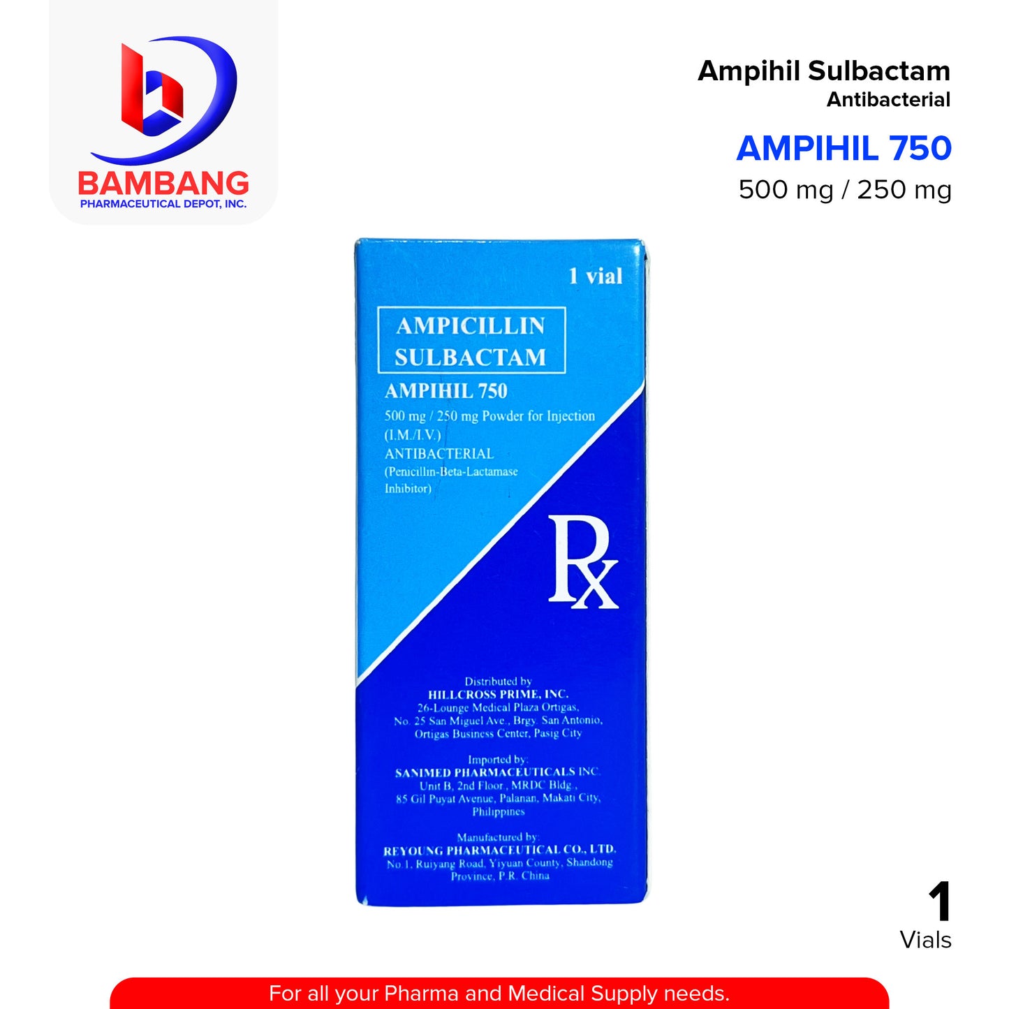 AMPIHIL 750 Ampihil Sulbactam Antibacterial 500 mg / 250 mg Powder for Injection Vial 1's
