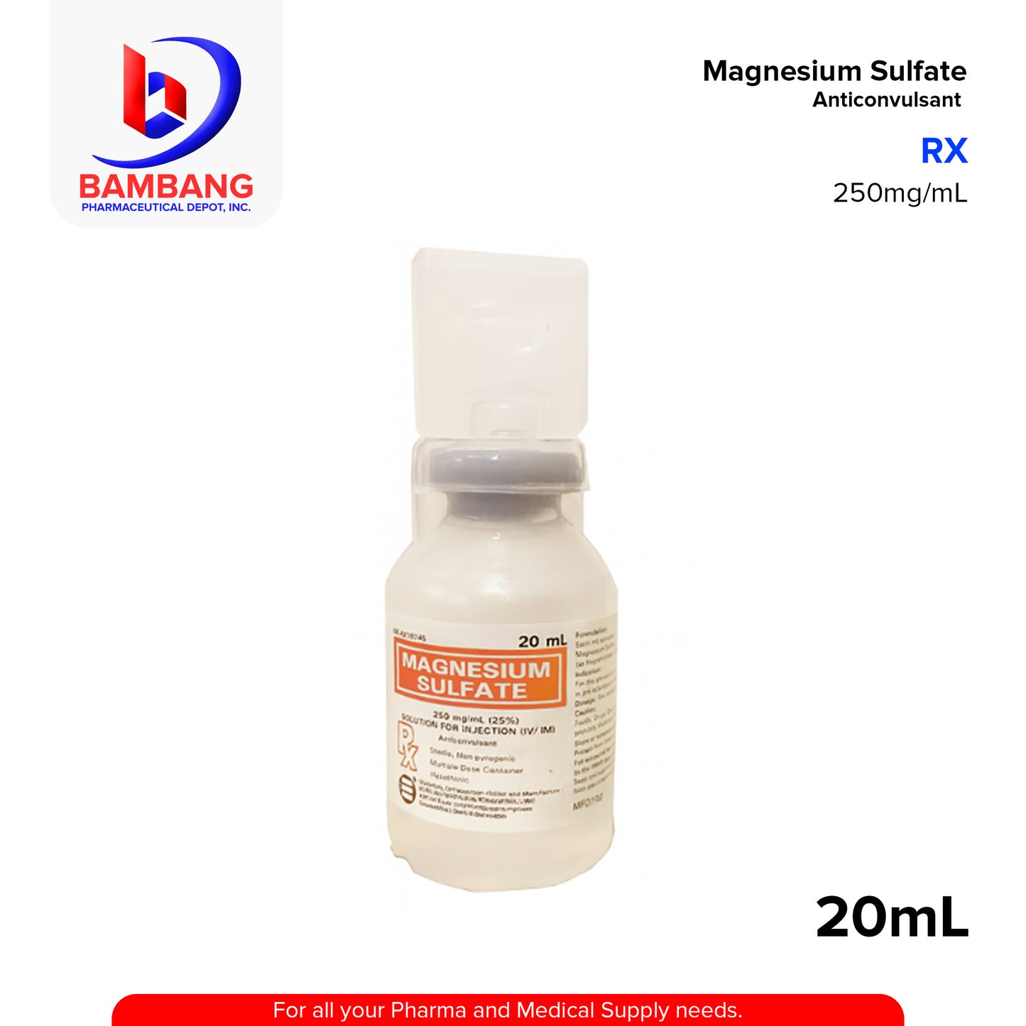 RX Magnesium Sulfate 250mg/ml (25%) Solution for Injection I.M/I.V 1's