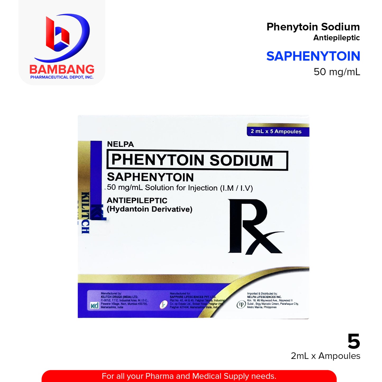 SAPHENYTOIN Phenytoin Sodium Anti Epileptic 50 mg / mL Ampoules 5's