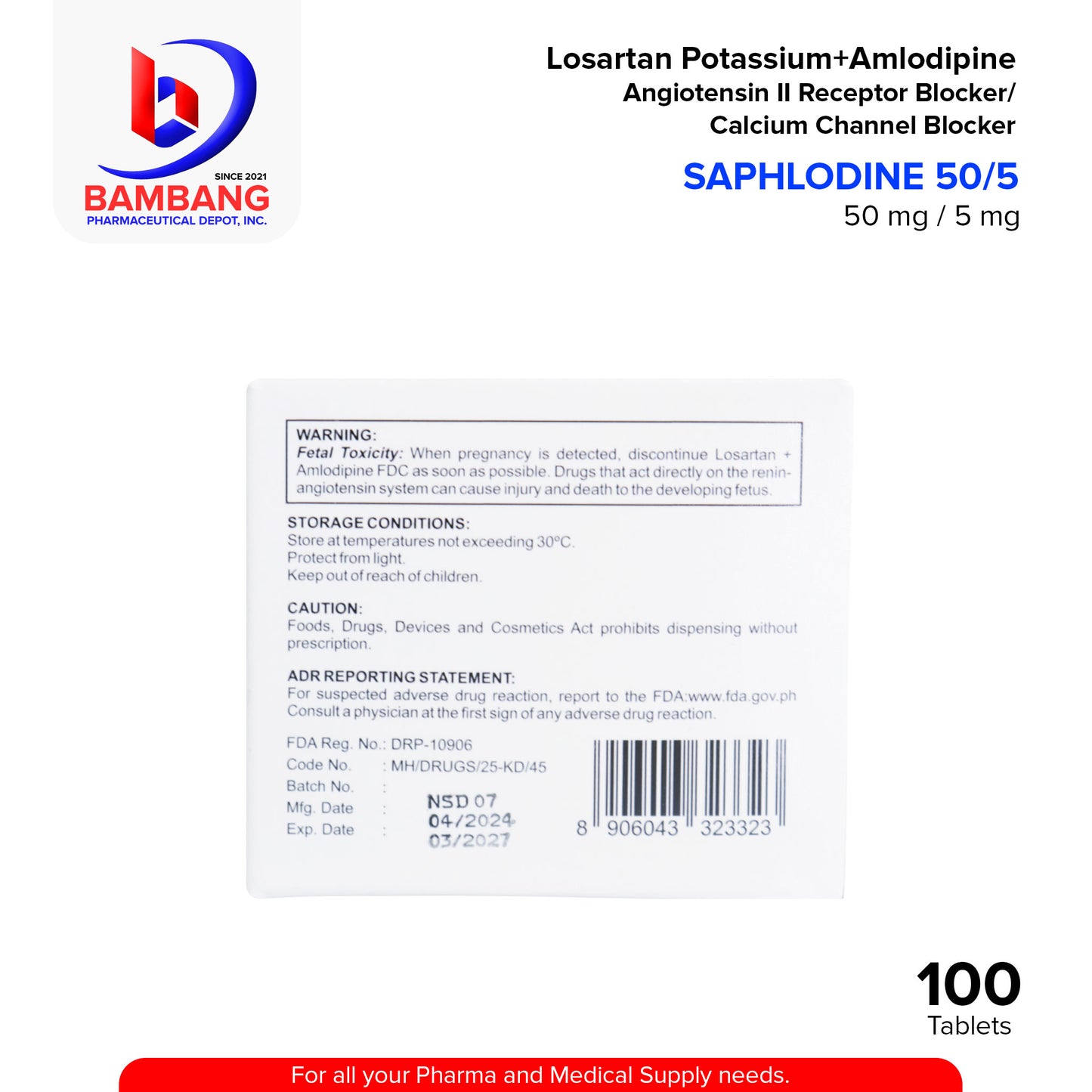 SAPHLODINE 50/5 Losartan Potassium + Amlodipine 50mg/5mg Angiotensin II Receptor Blocker / Calcium Channel Blocker Film Coated Tablet 100's