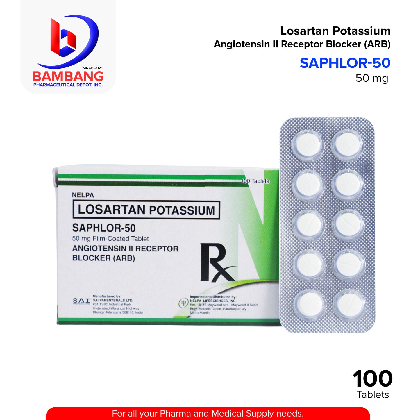 SAPHLOR 50 Losartan Potassium 50mg Film Coated Tablet 100's