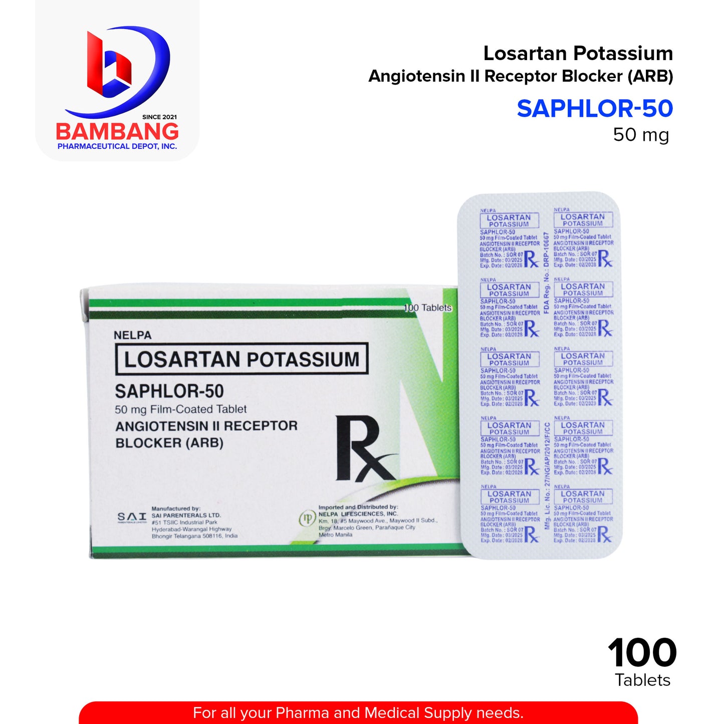 SAPHLOR 50 Losartan Potassium 50mg Film Coated Tablet 100's