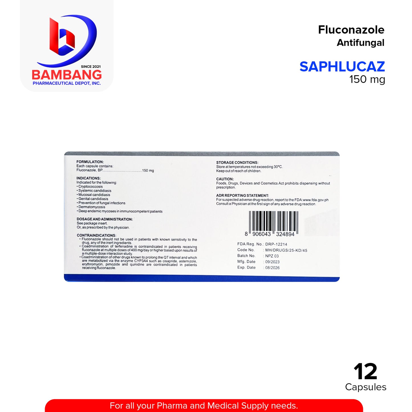 SAPHLUCAZ Fluconazole Antifungal 150 mg Capsule 12's