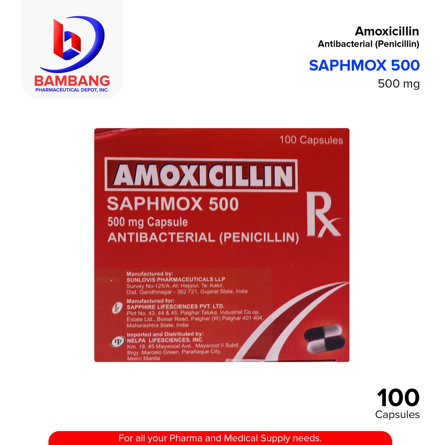 SAPHMOX 500 Amoxicillin 500mg Antibacterial Capsule 100's