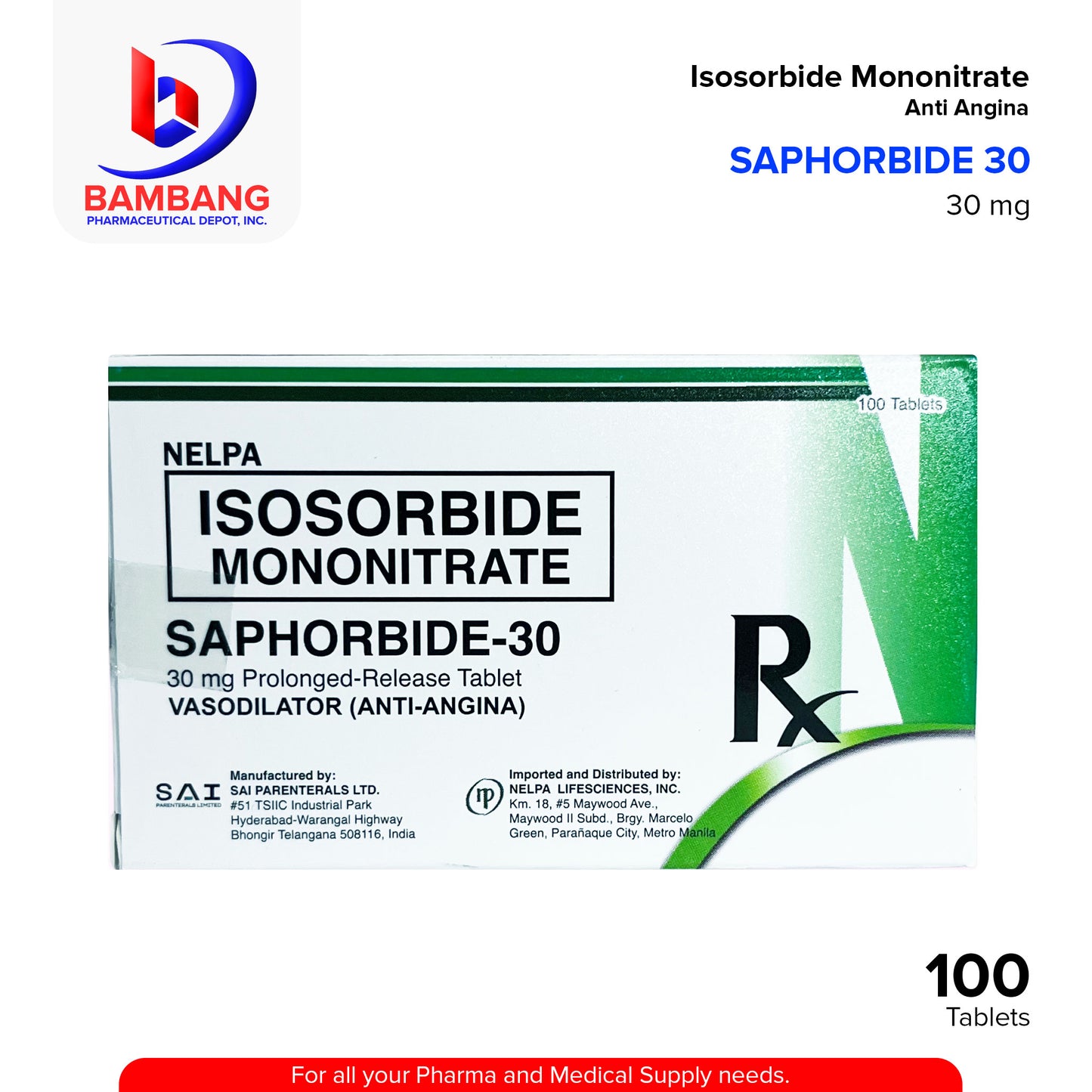 SAPHORBIDE 30 Isosorbide Mononitrate 30mg Prolonged Release Tablet 100's