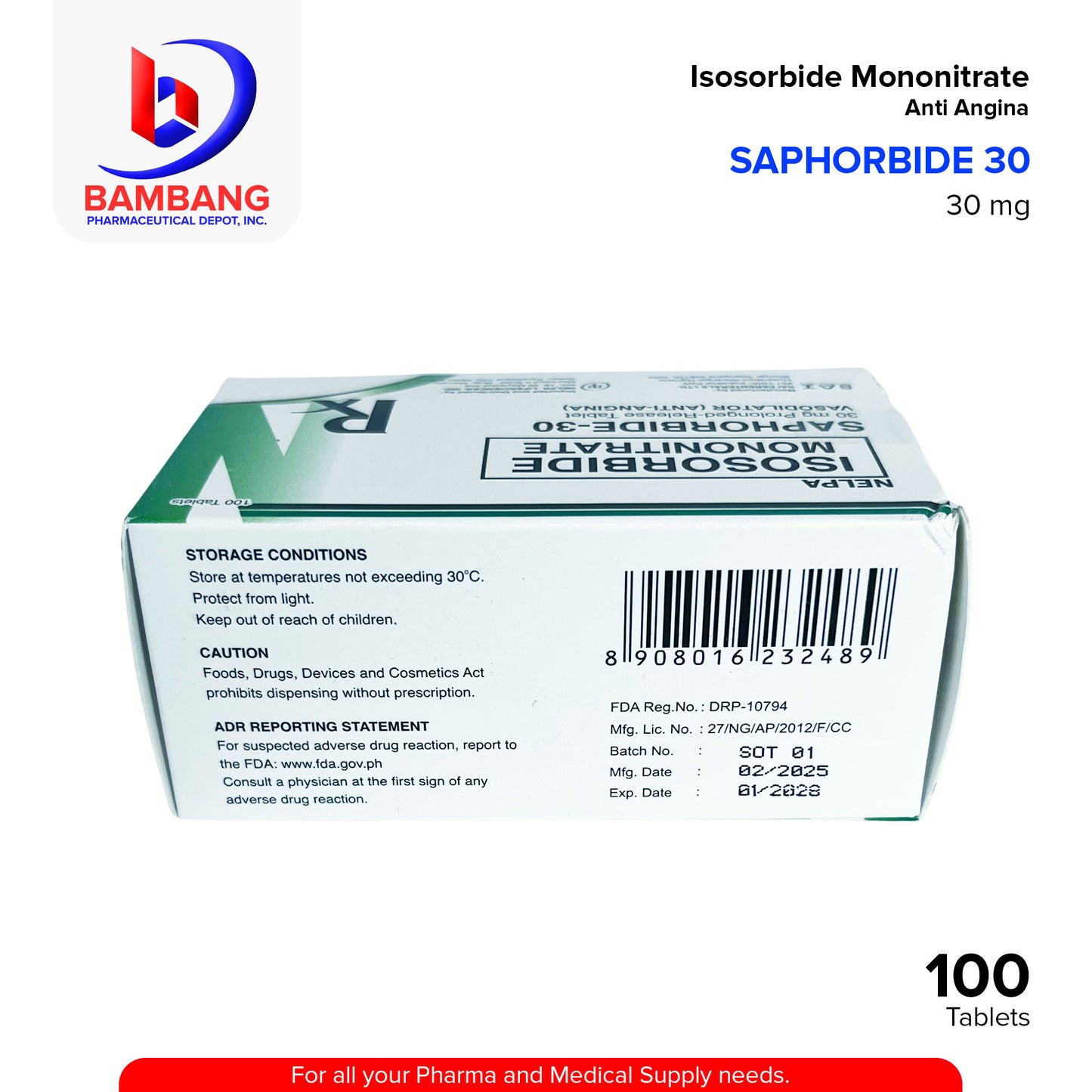 SAPHORBIDE 30 Isosorbide Mononitrate 30mg Prolonged Release Tablet 100's