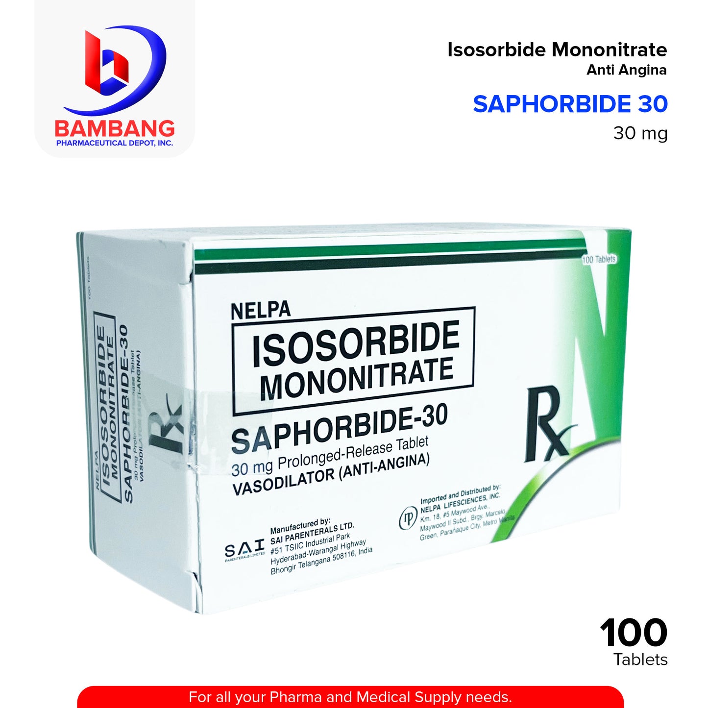 SAPHORBIDE 30 Isosorbide Mononitrate 30mg Prolonged Release Tablet 100's