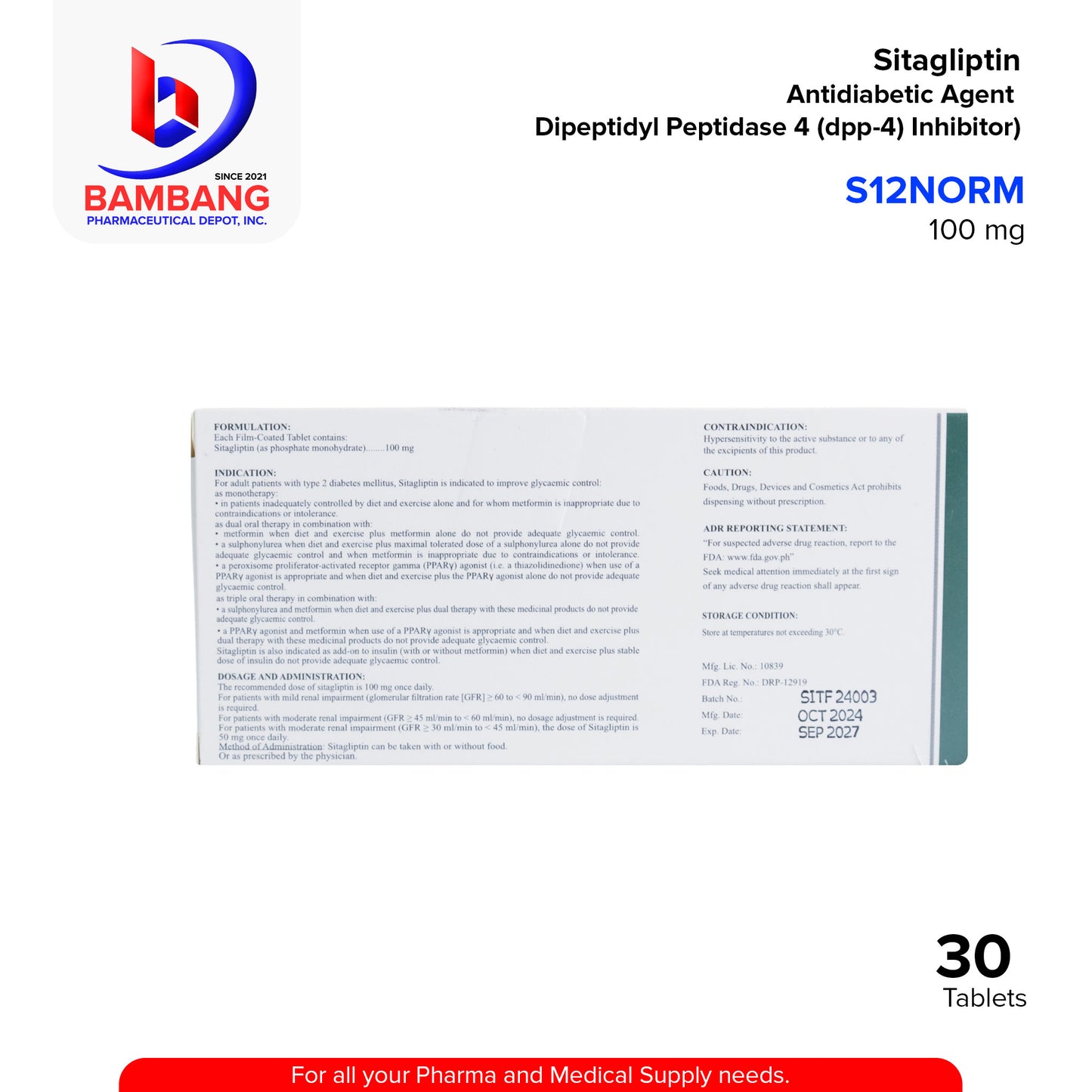 SI2NORM Sitagliptin Anti Diabetic Agent Dipeptidyl Peptidase 4 DPP-4 Inhibitor 100 mg Tablet 30's