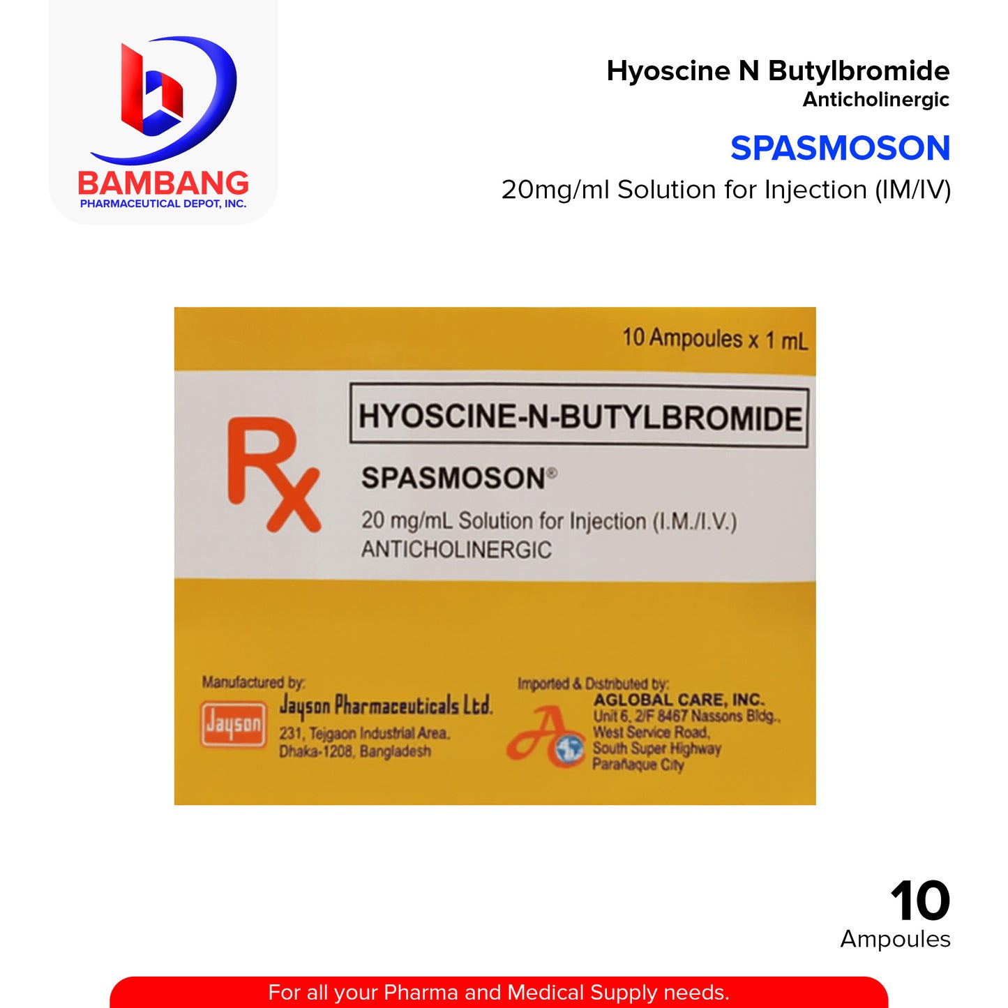 SPASMOSON Hyoscine N Butylbromide 20mg/ml Solution for Injection (IM/IV) 10 Ampoules x 1 ml