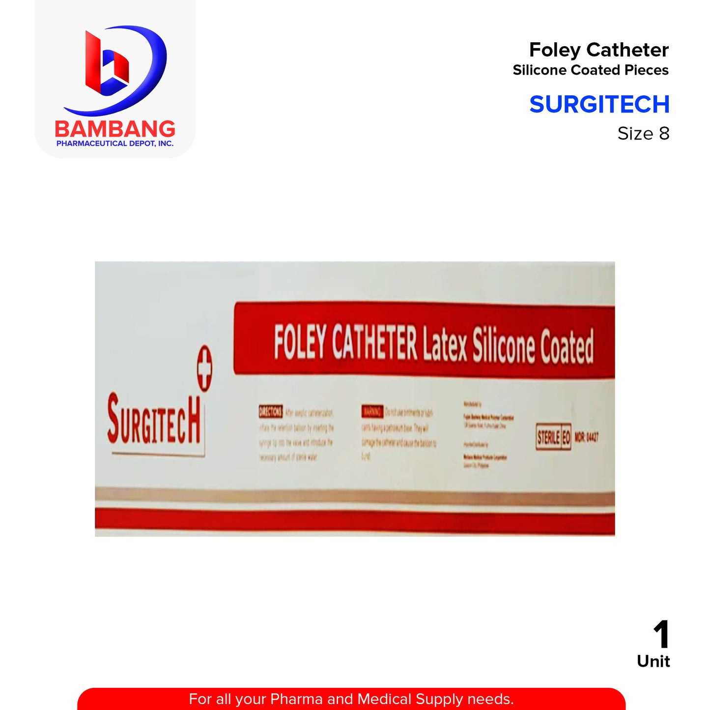 SURGITECH Foley Catheter (Size 8) Silicone Coated Pieces 1's