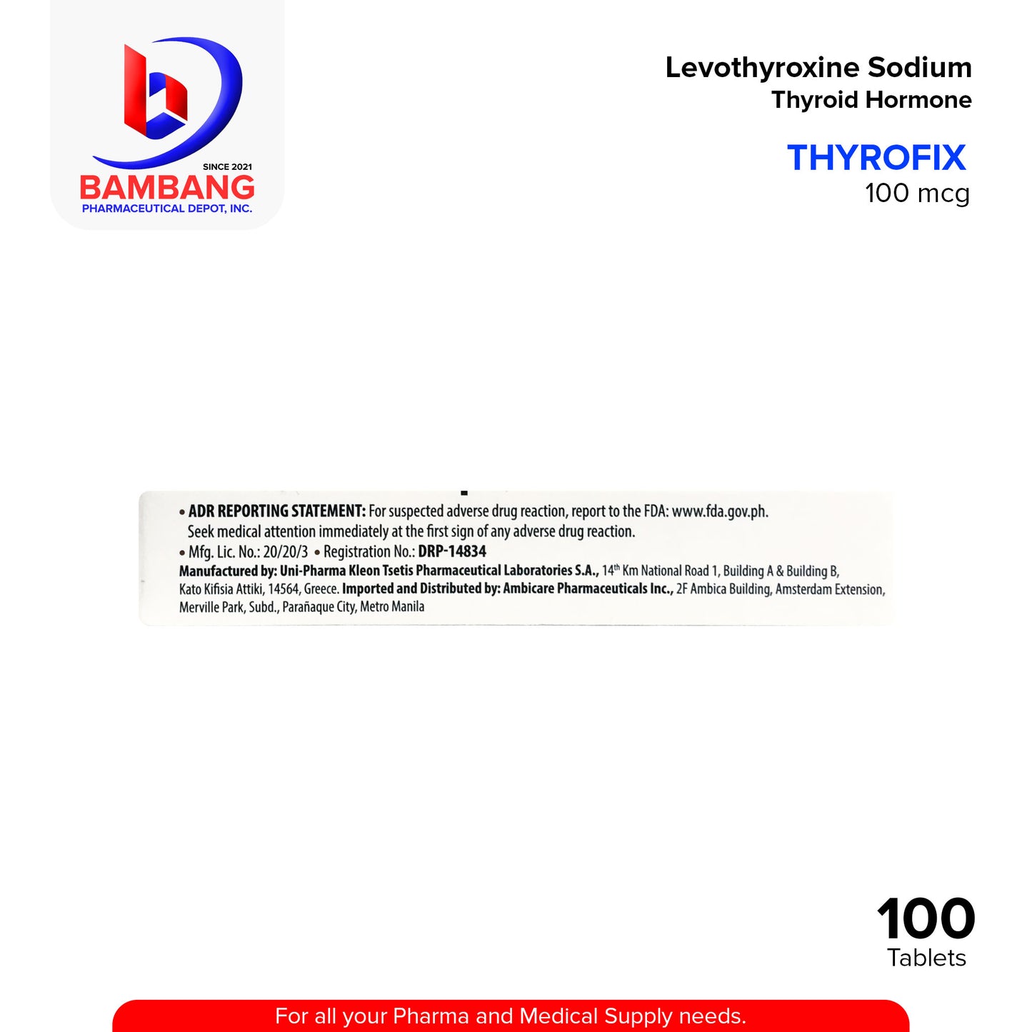 THYROFIX Levothyroxine Sodium 100 mcg Thyroid Hormone Tablet 100's