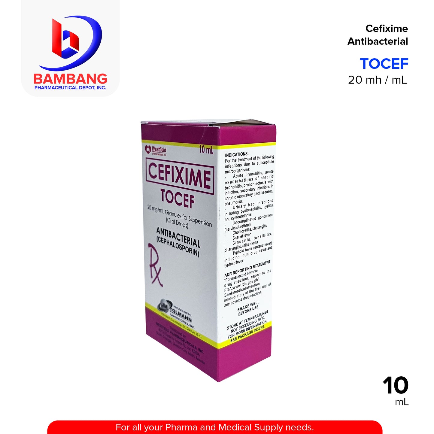 TOCEF Cefixime Antibacterial Cephalosporin 20 mg / mL Granules for Suspension Oral Drops 10 mL