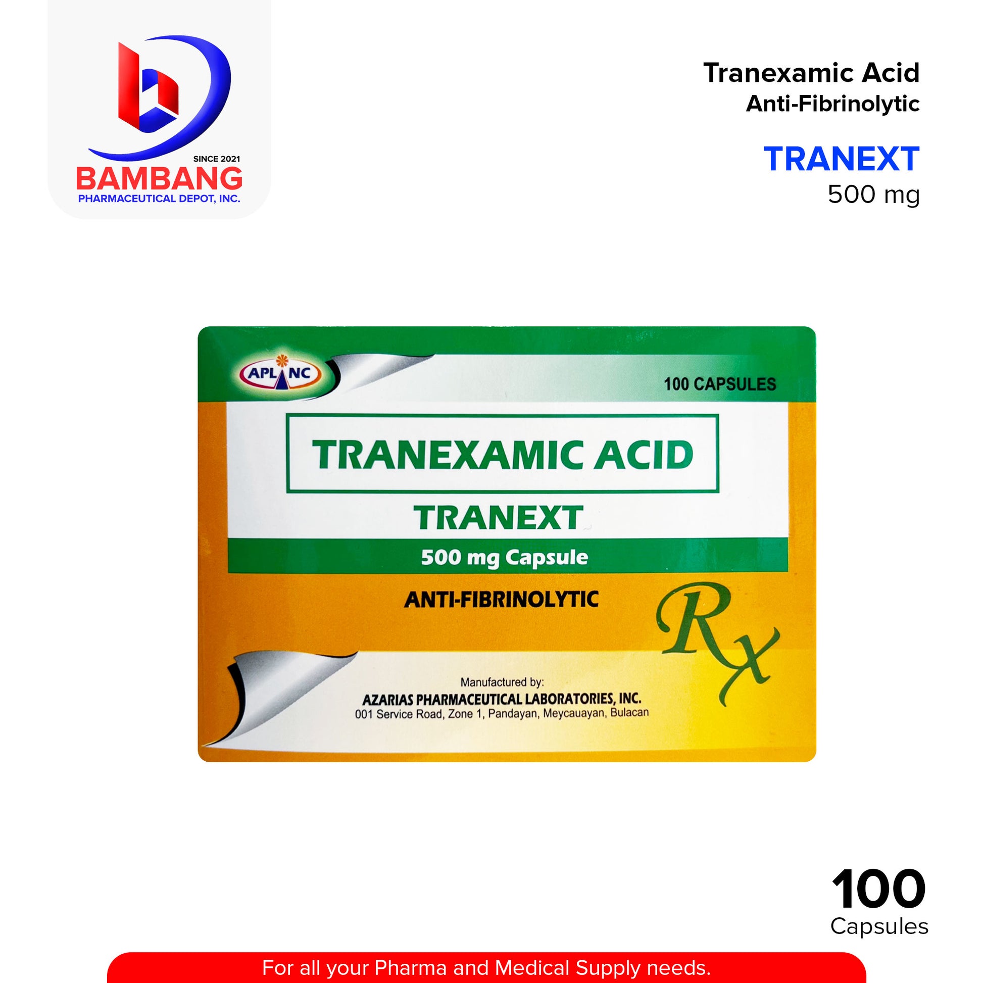 TRANEXT Tranexamic Acid Anti Fibrinolytic 500 mg Capsule Anti Fibrinolytic Capsule 100's