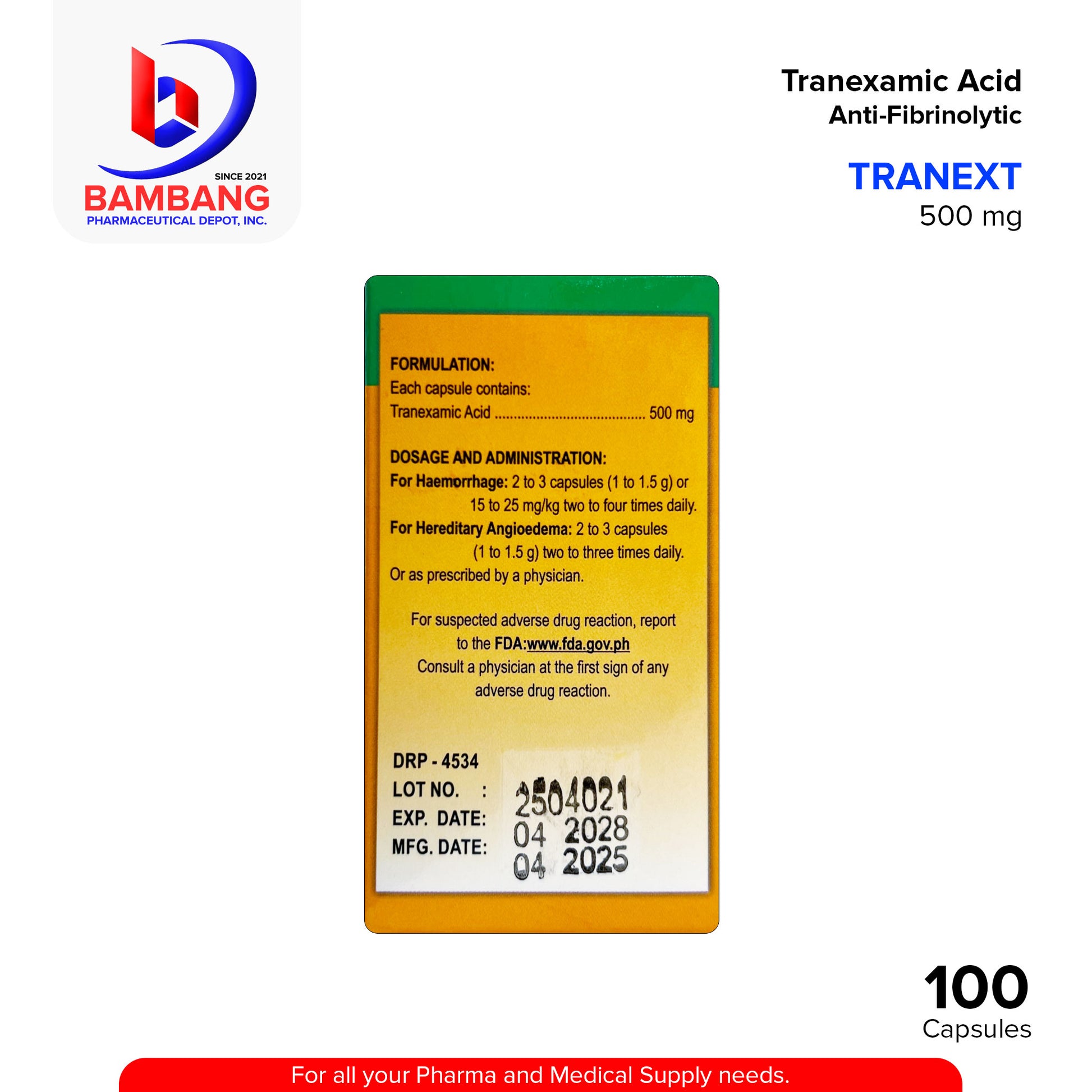 TRANEXT Tranexamic Acid Anti Fibrinolytic 500 mg Capsule Anti Fibrinolytic Capsule 100's