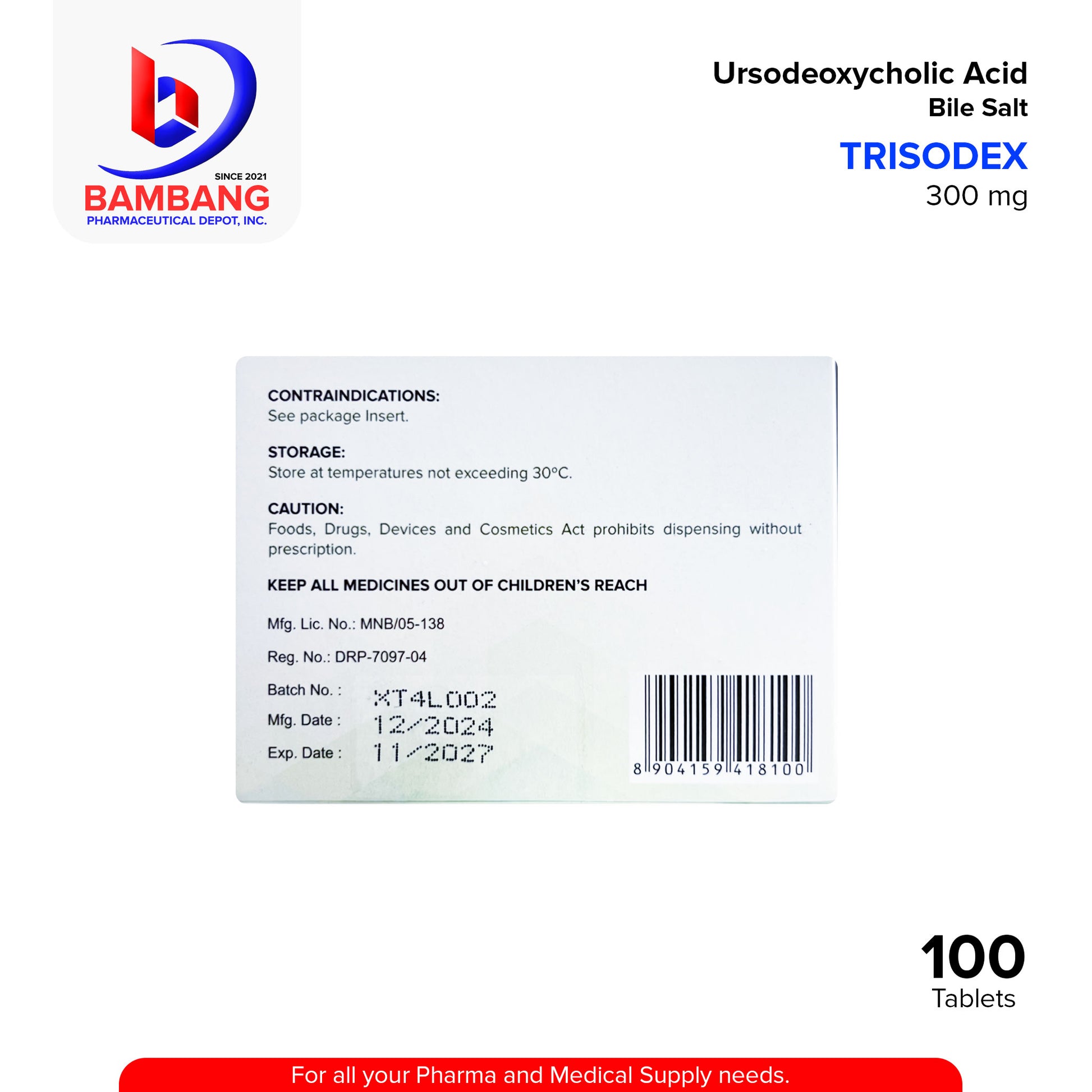 TRISODEX Ursodeoxycholic Acid 300mg Film Coated Tablets 100's