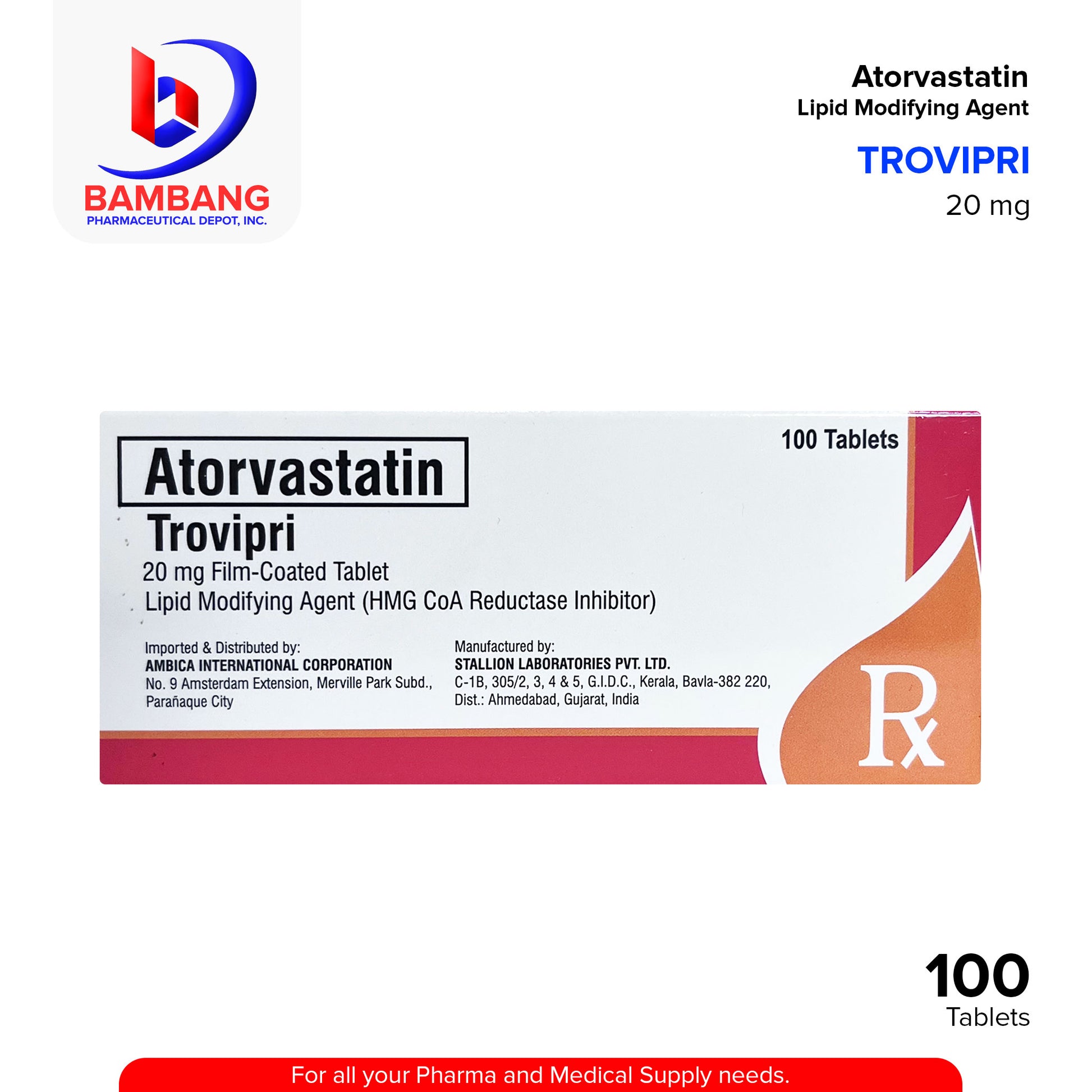 TROVIPRI Atorvastatin 20mg Lipid Modifying Agent Tablet 100's