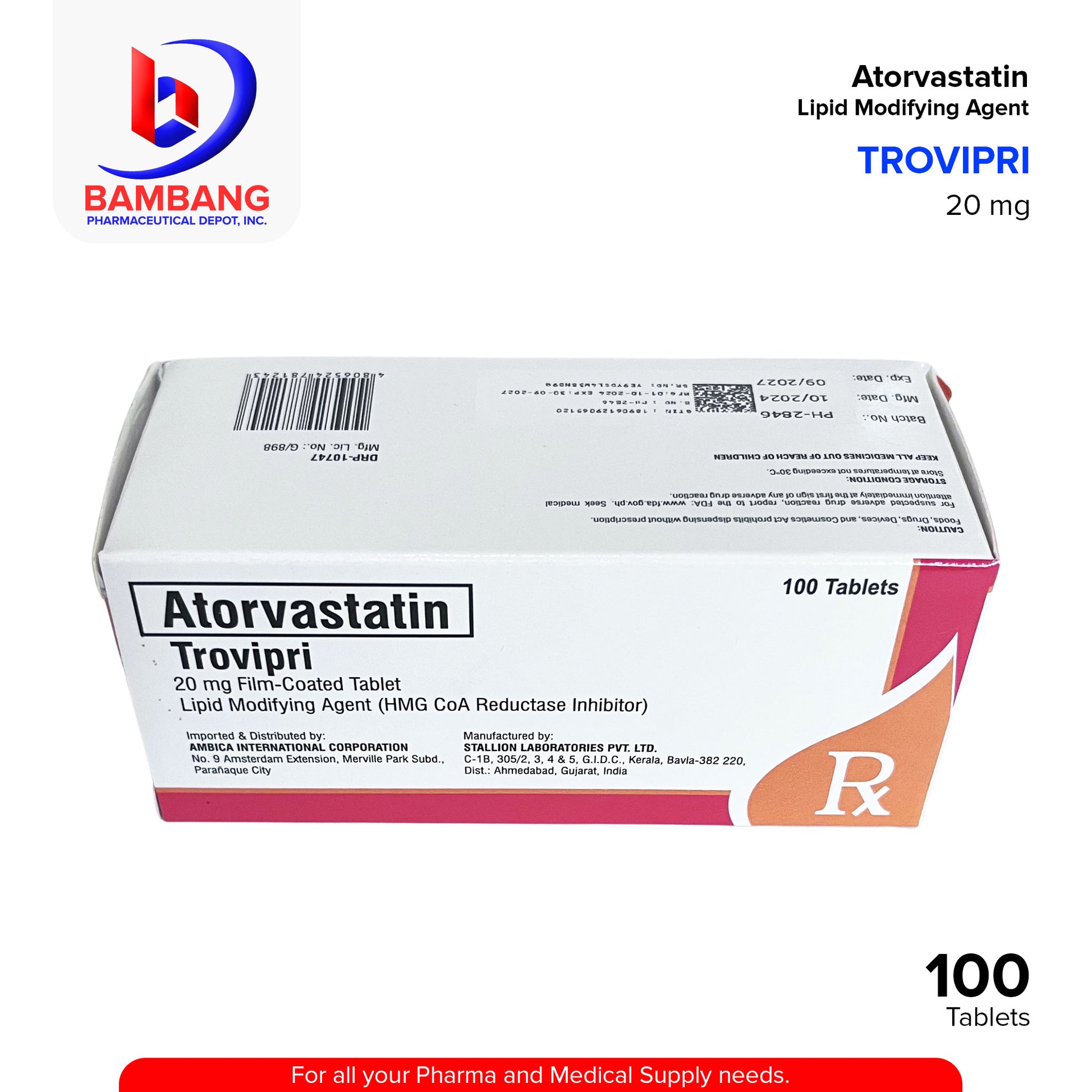 TROVIPRI Atorvastatin 20mg Lipid Modifying Agent Tablet 100's