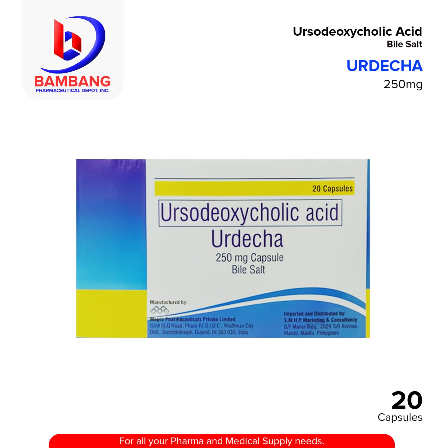 URDECHA Ursodeoxycholic Acid 250mg Capsule Bile Salt 20's