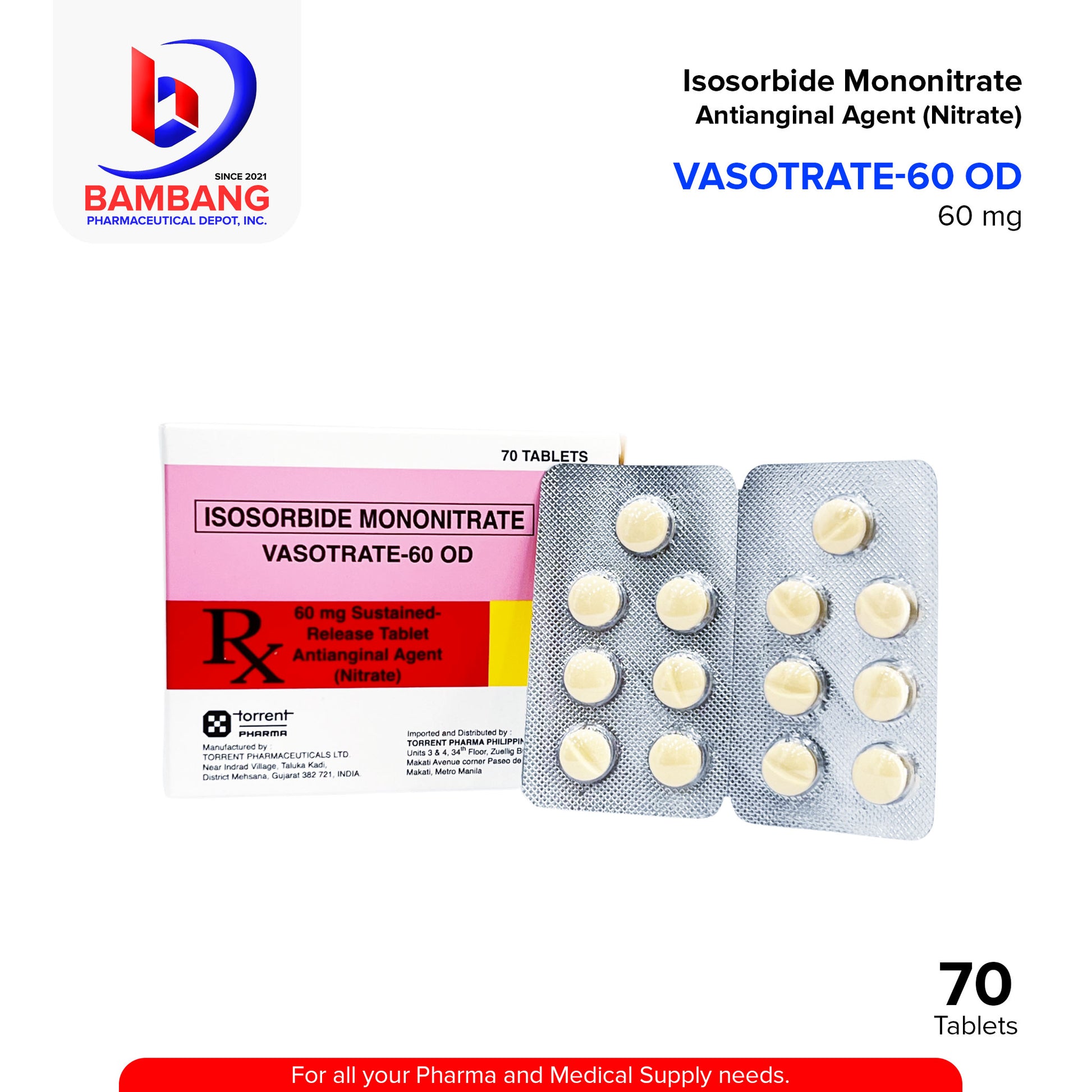 VASOTRATE 60 OD Isosorbide Mononitrate 60 mg Sustained Release Tablet Antianginal Agent Nitrate Tablet 70's