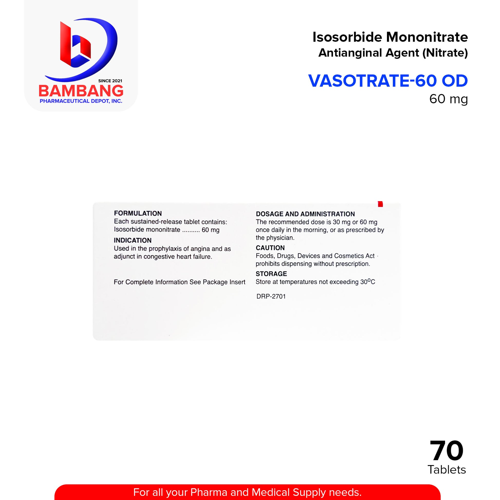 VASOTRATE 60 OD Isosorbide Mononitrate 60 mg Sustained Release Tablet Antianginal Agent Nitrate Tablet 70's