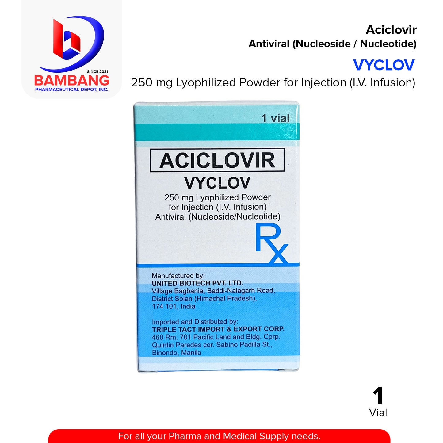 VYCLOV Aciclovir 250 mg Lyophilized Powder for Injection IV Infusion Antiviral Nucleoside / Nucleotide Vial 1's