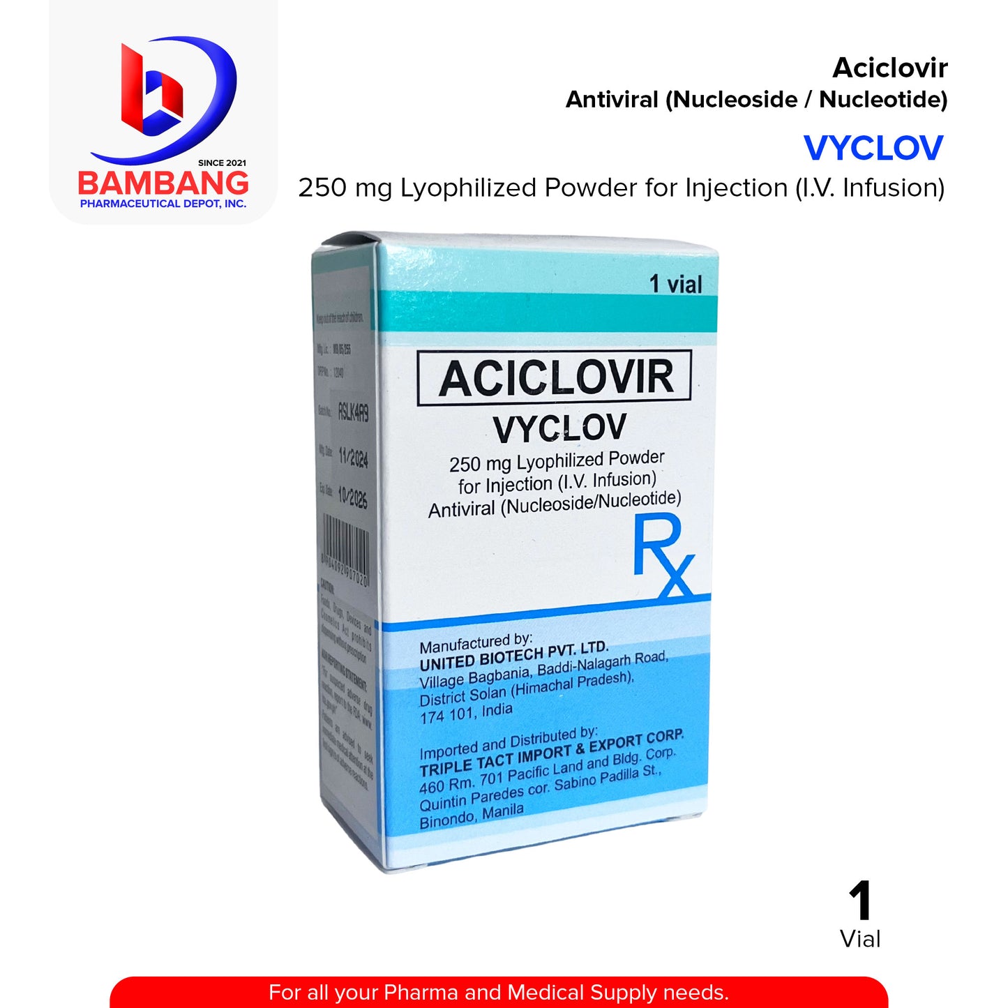 VYCLOV Aciclovir 250 mg Lyophilized Powder for Injection IV Infusion Antiviral Nucleoside / Nucleotide Vial 1's
