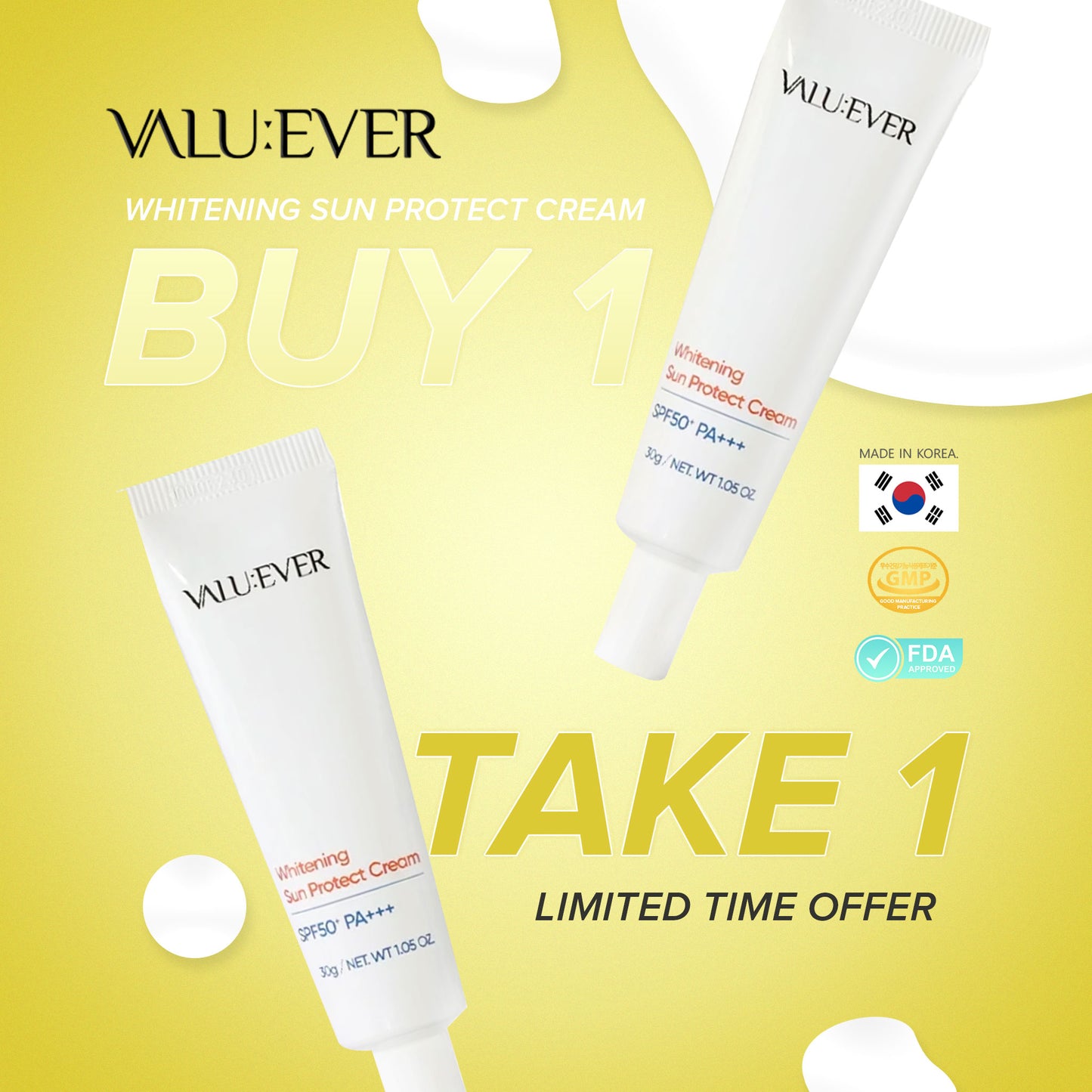 VALU:EVER Whitening Sun Protect Cream 30g SPF50+ PA+++ Korean Sunscreen
