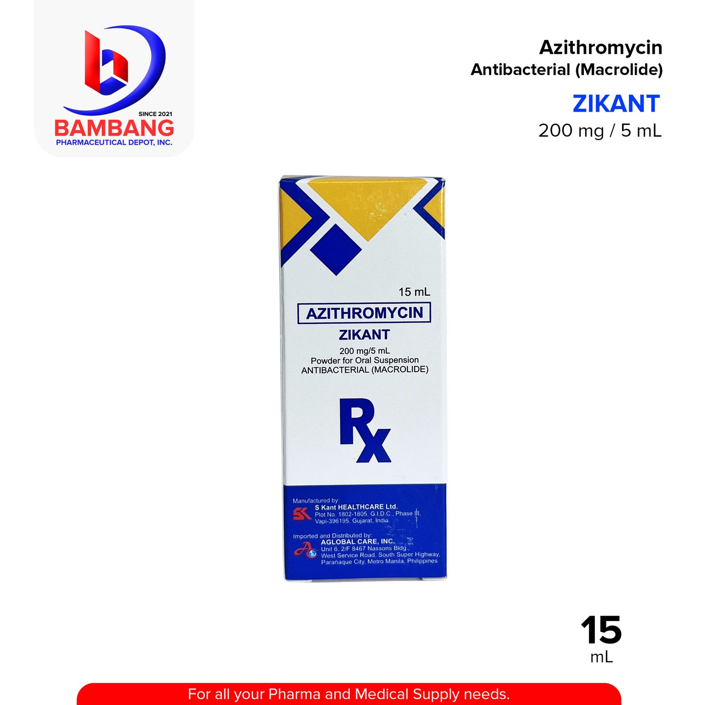 ZIKANT Azithromycin Antibacterial Macrolide 200mg/5ml Powder for Oral Suspension 15ml