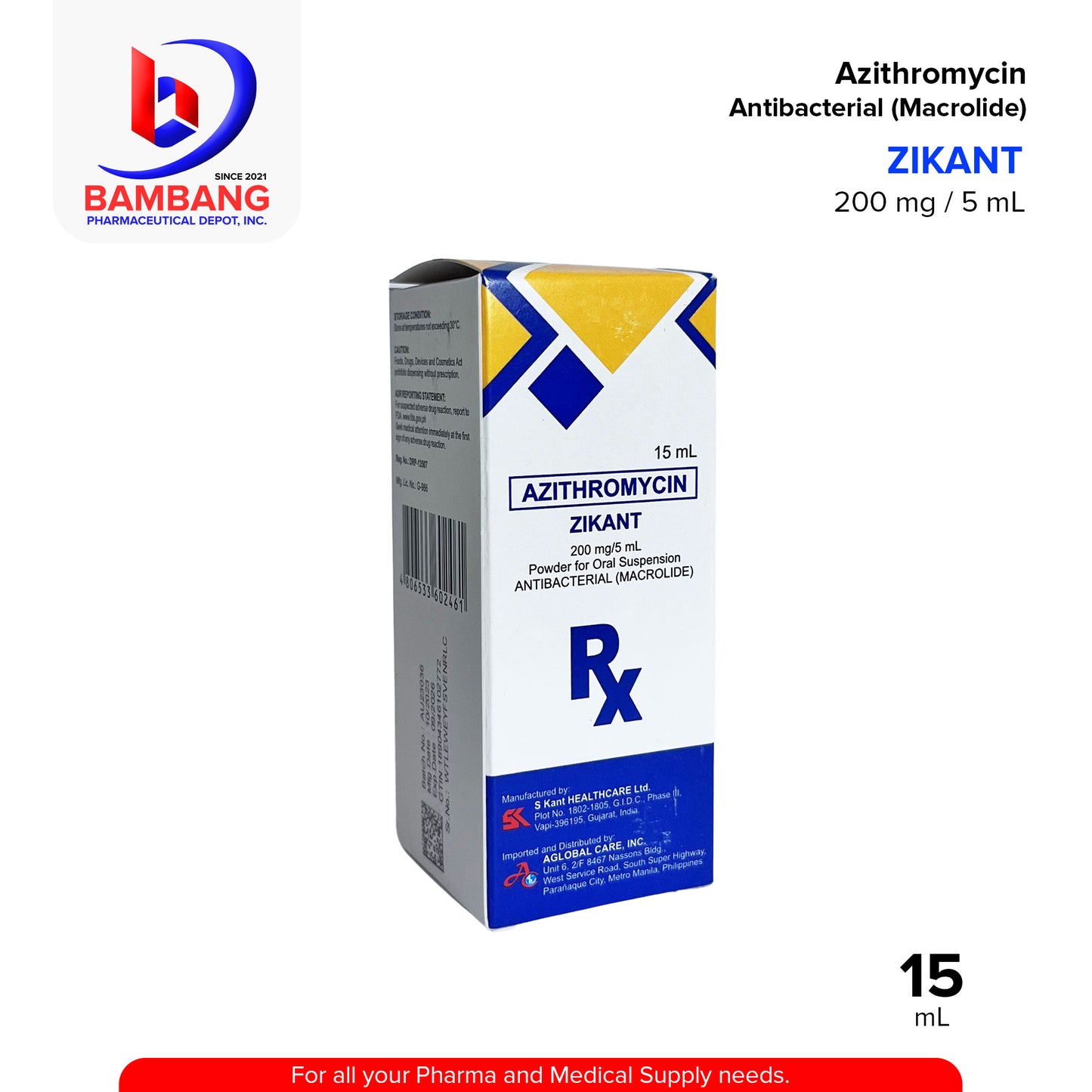 ZIKANT Azithromycin Antibacterial Macrolide 200mg/5ml Powder for Oral Suspension 15ml