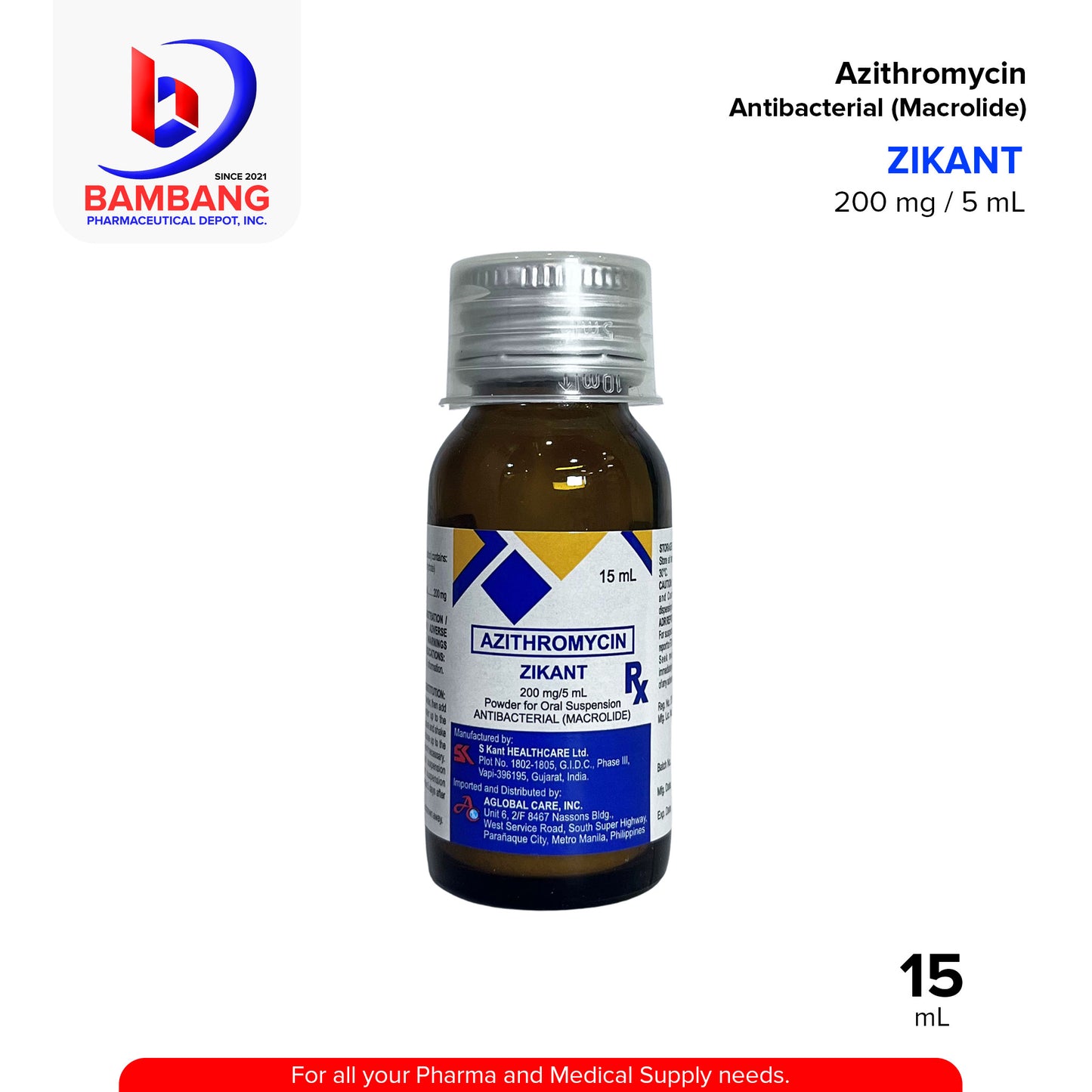 ZIKANT Azithromycin Antibacterial Macrolide 200mg/5ml Powder for Oral Suspension 15ml