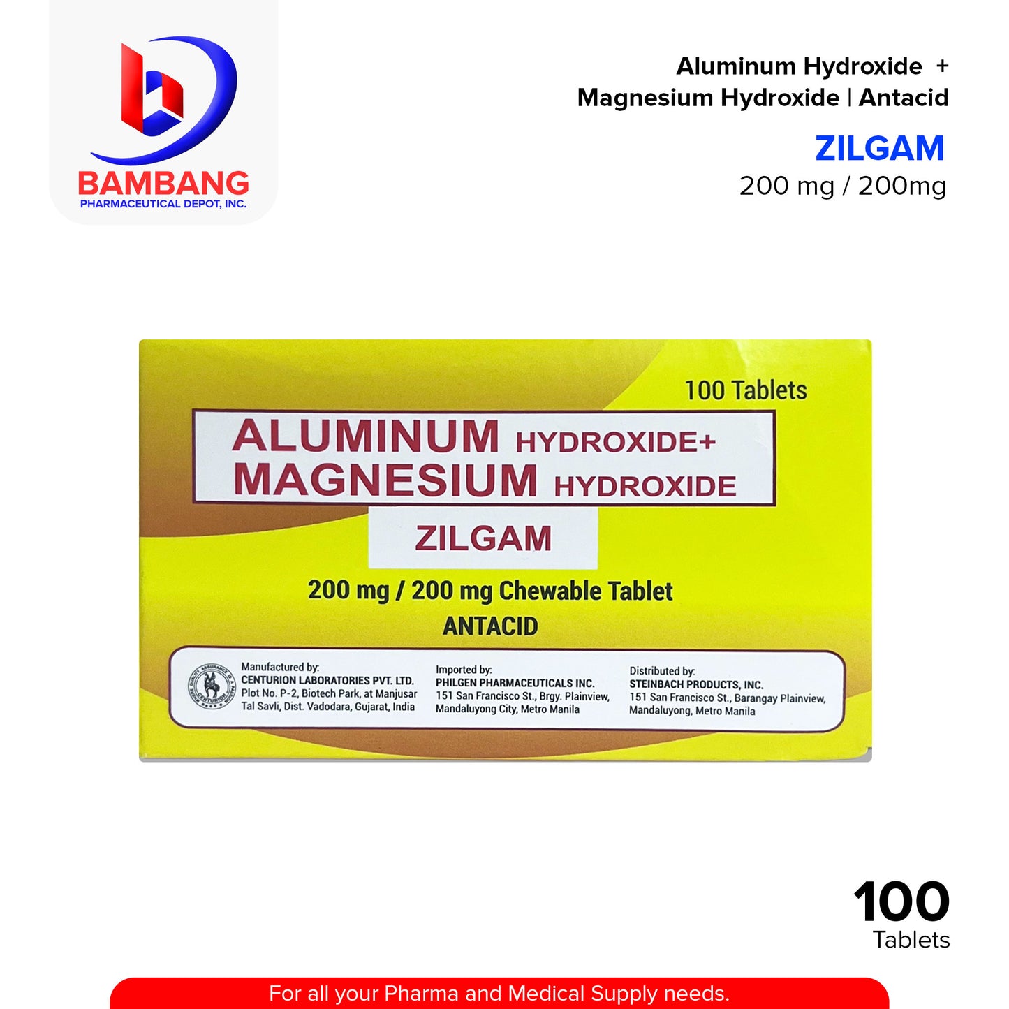ZILGAM Aluminum Hydroxide + Magnesium Hydroxide Antacid
200 mg / 200 mg Chewable Tablet 100's